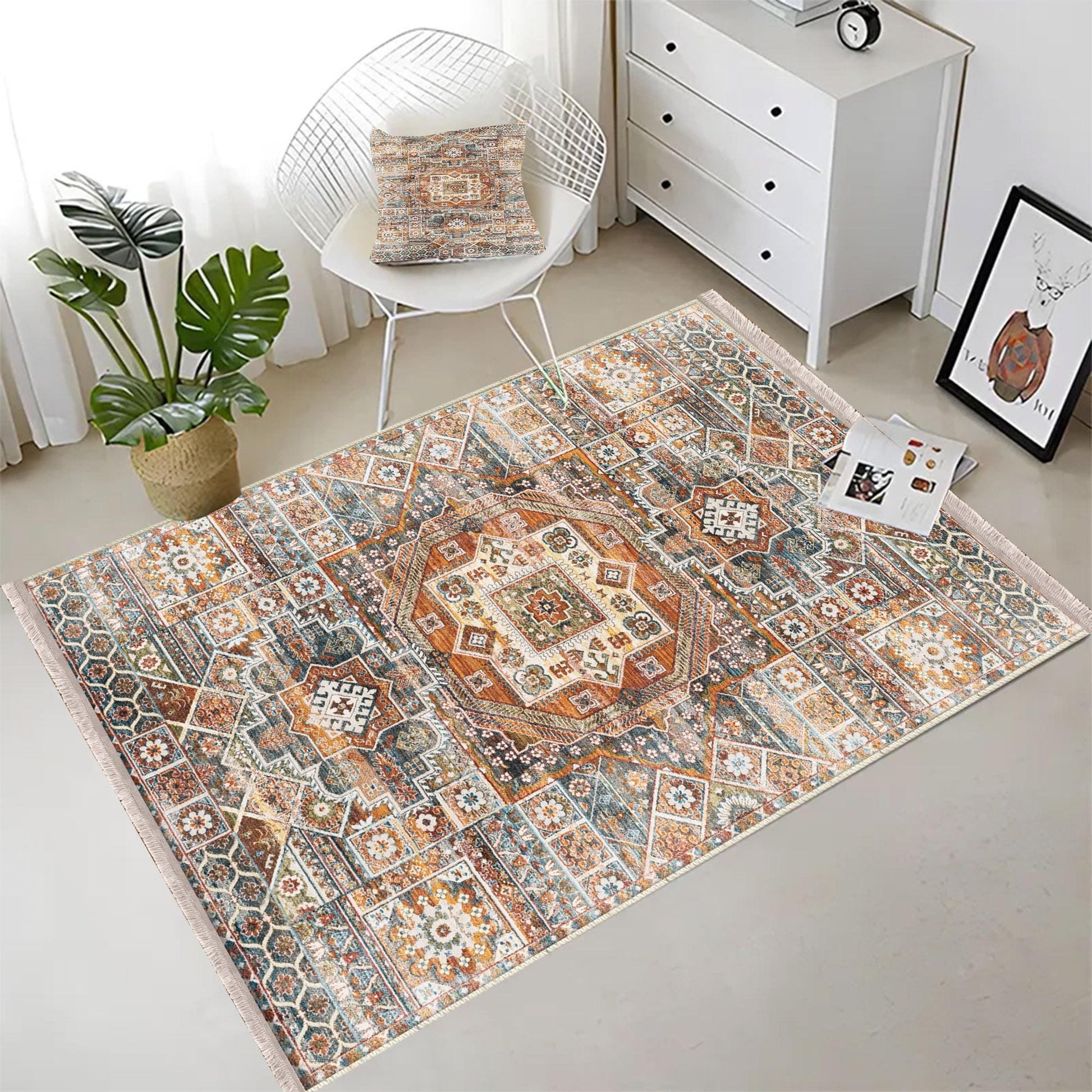 Authentic Ethnic Retro Persian Anatolian Turkish Kilim Area Rug, Washable Non Slip Living Room Rugs with pillow case gift, Housewarming Gift