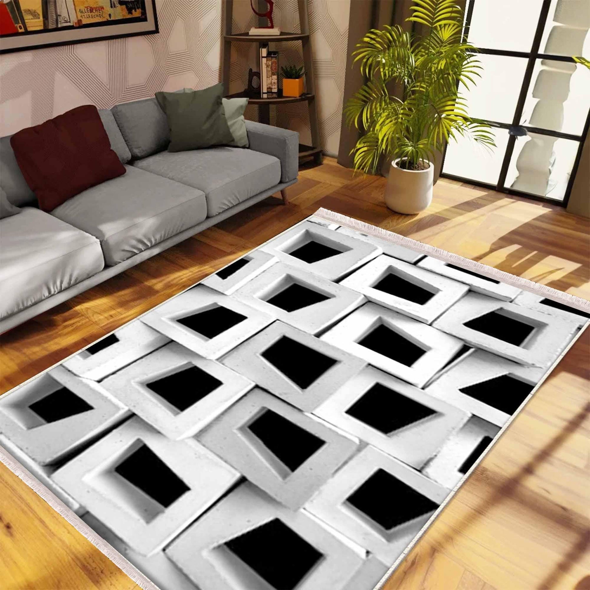 Black White Cubes Modern Design Area Rug Runner, Geometric Abstract Carpet, Unique Room Mat, Washable Anti-Slip Rug with pillow case gift