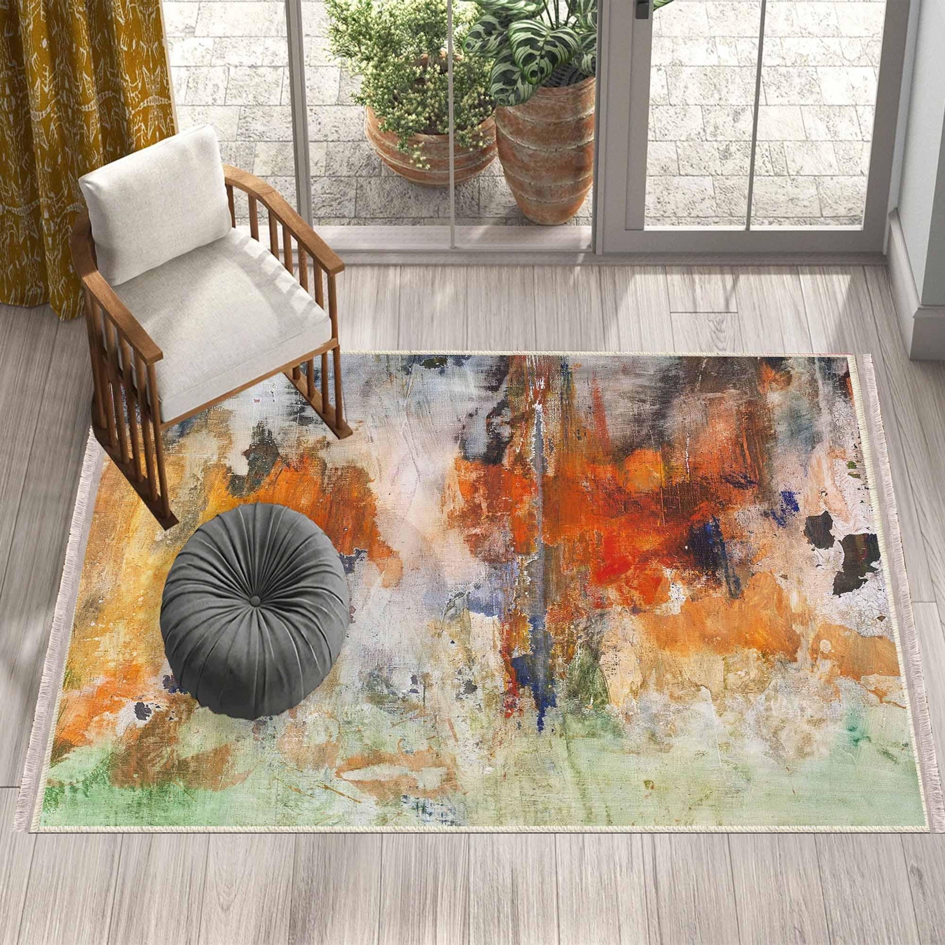 Colorful Watercolor Modern Design Area Rug Runner, Geometric Abstract Carpet, Unique Room Mat, Washable Anti-Slip Rug with pillow case gift