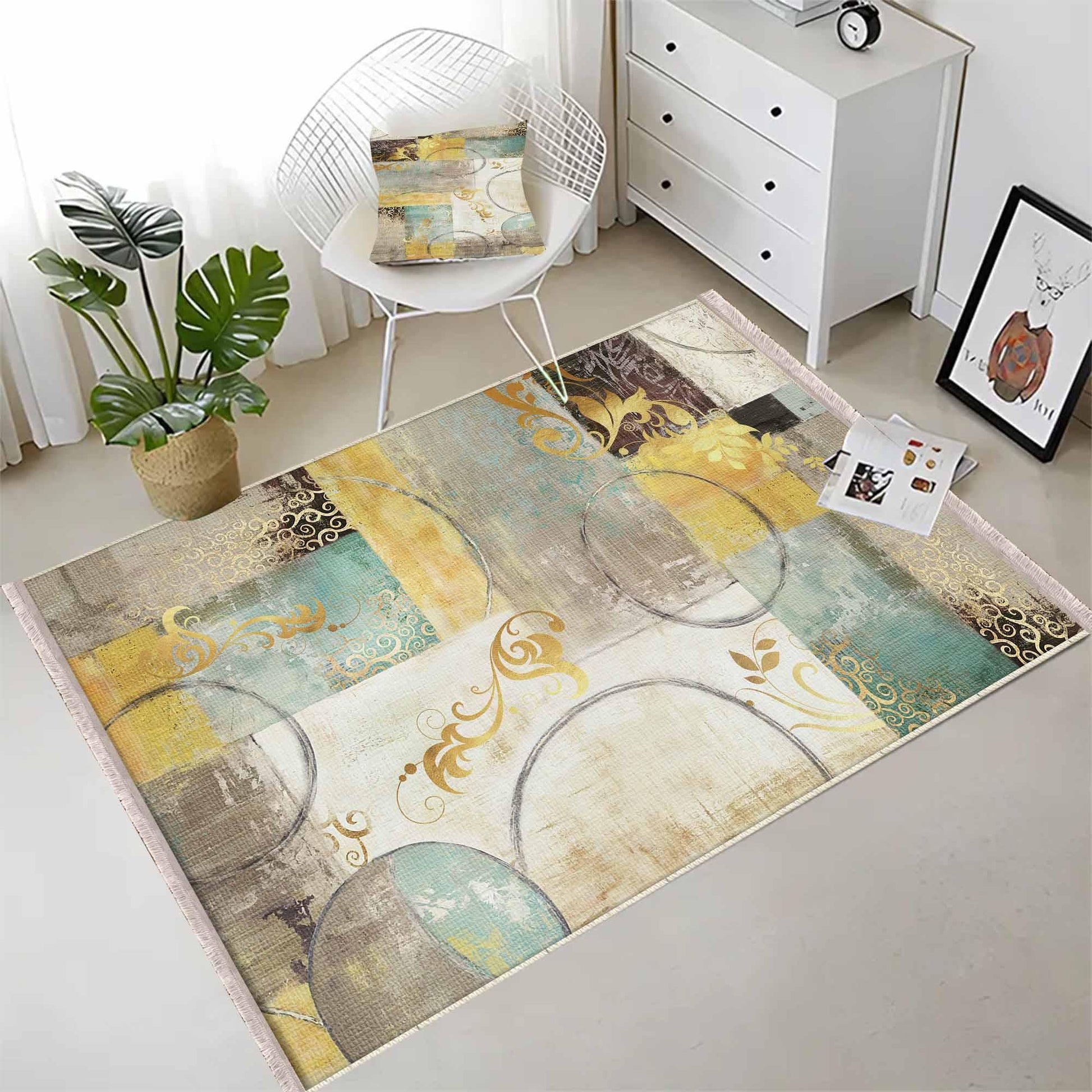 Yellow Green Brown Modern Design Area Rug Runner, Geometric Accent Carpet, Unique Room Mat, Washable Anti-Slip Rug with pillow case gift