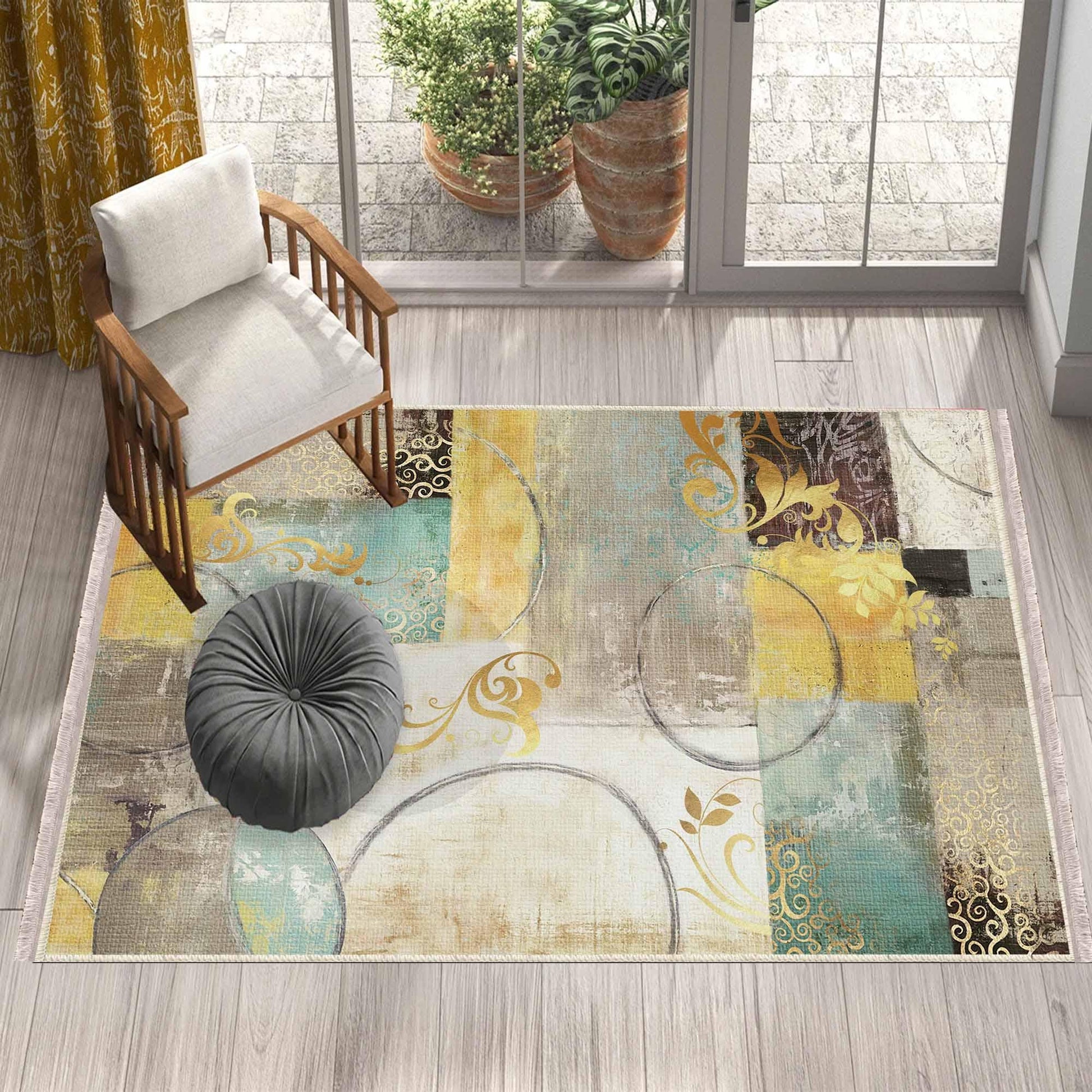 Yellow Green Brown Modern Design Area Rug Runner, Geometric Accent Carpet, Unique Room Mat, Washable Anti-Slip Rug with pillow case gift