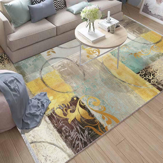 Yellow Green Brown Modern Design Area Rug Runner, Geometric Accent Carpet, Unique Room Mat, Washable Anti-Slip Rug with pillow case gift