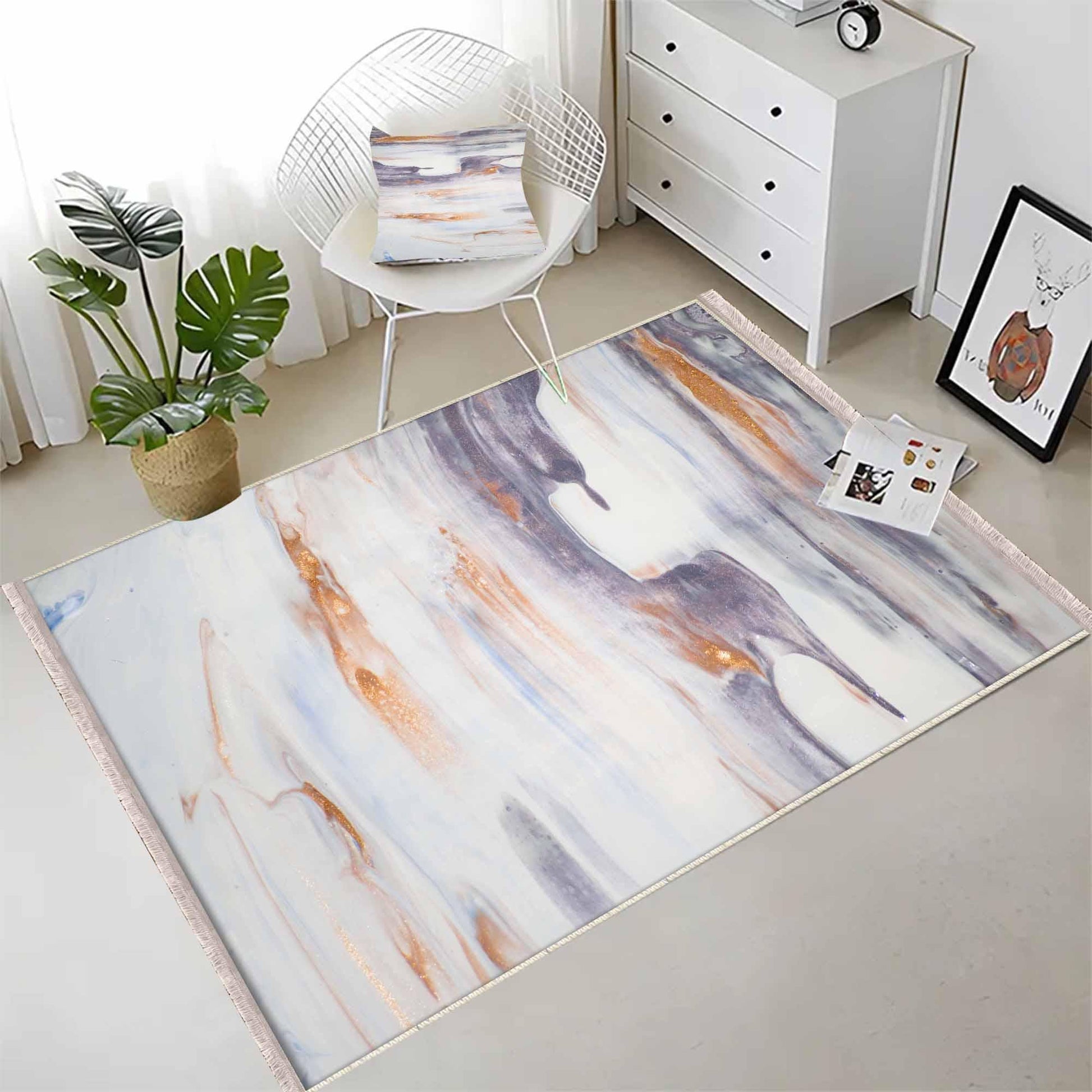 Orange Gray Marble Runner Rug, Modern Geometric Accent Carpet, Washable Anti-Slip Area Rug with Pillowcase Gift