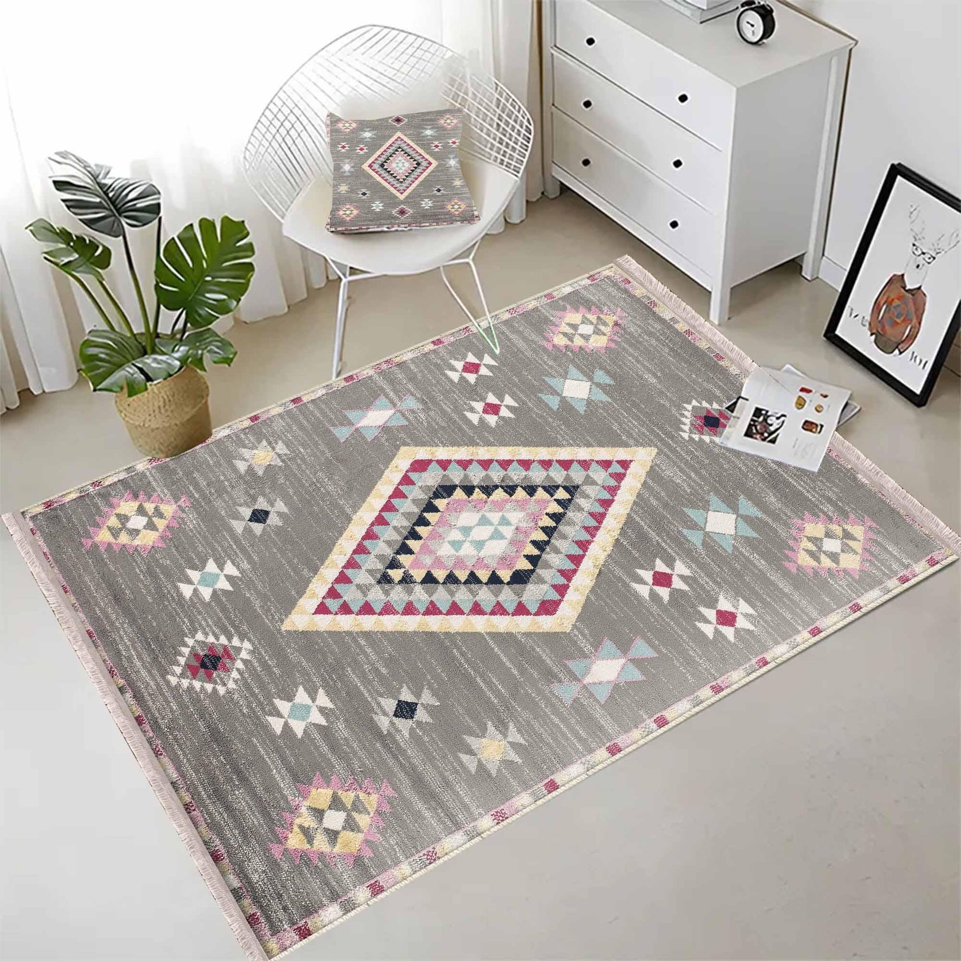 Gray Pink Aztec Modern Design Area Rug Runner, Geometric Accent Carpet, Unique Room Mat, Washable Anti-Slip Rug with pillow case gift