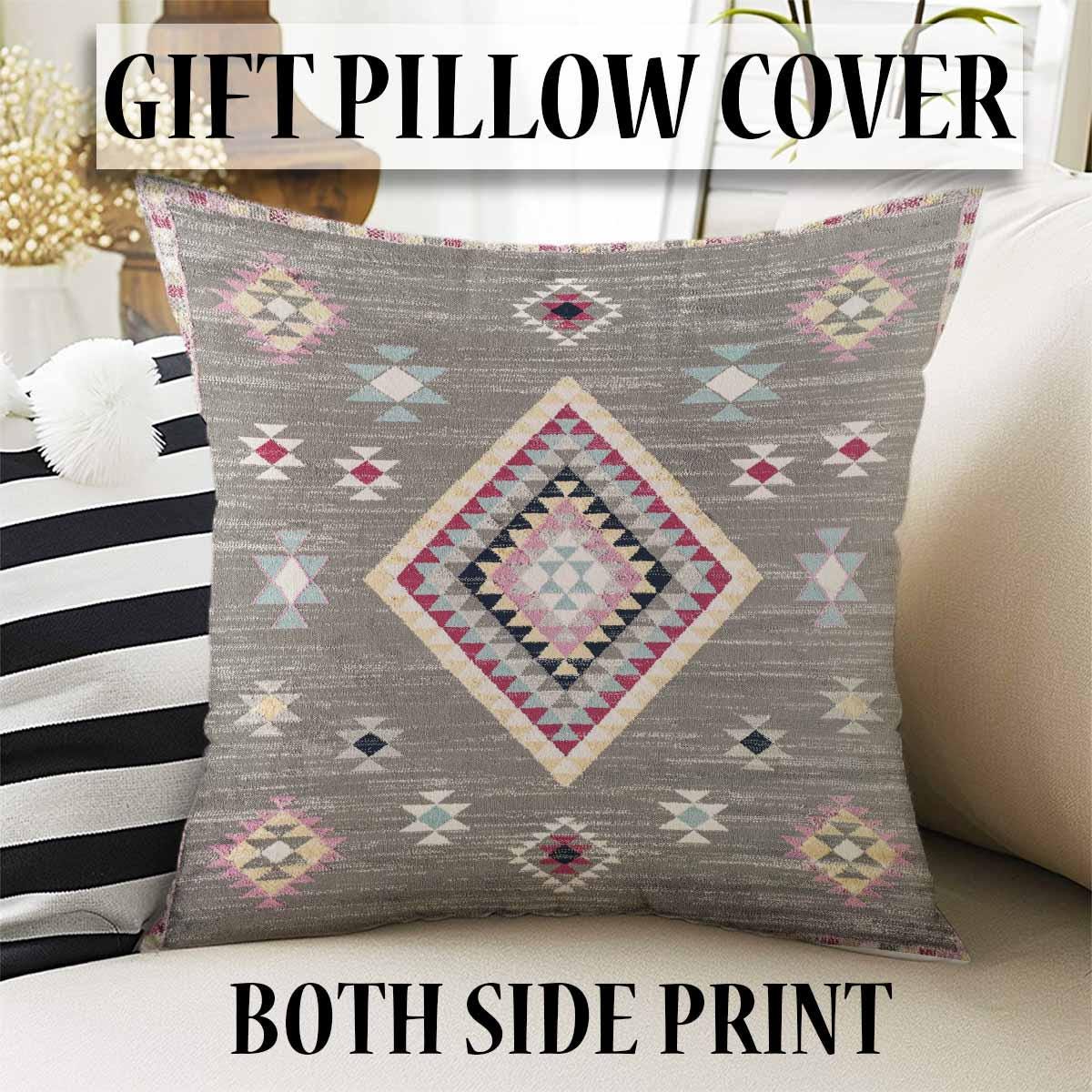 Gray Pink Aztec Modern Design Area Rug Runner, Geometric Accent Carpet, Unique Room Mat, Washable Anti-Slip Rug with pillow case gift
