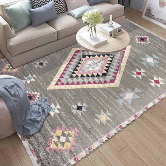 Gray Pink Aztec Rug Runner, Modern Geometric Area Carpet, Washable Anti-Slip Accent Mat with Pillow Case Gift