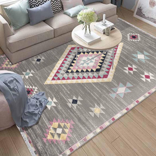 Gray Pink Aztec Rug Runner, Modern Geometric Area Carpet, Washable Anti-Slip Accent Mat with Pillow Case Gift