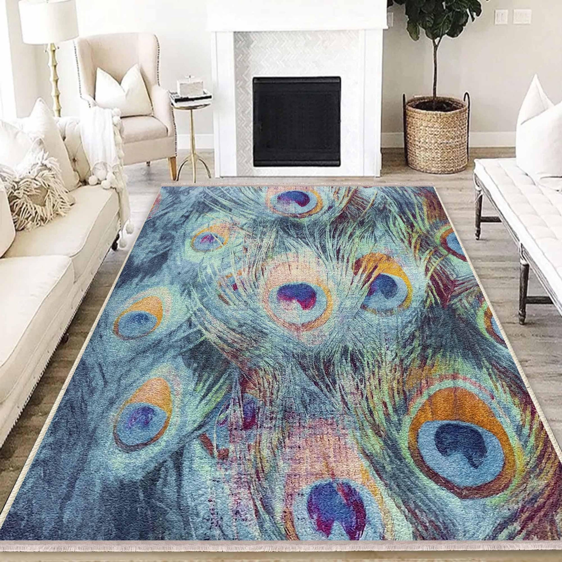 Peacock Feathers Modern Design Area Rug Runner, Accent Carpet, Unique Room Mat, Washable Anti-Slip Rug with pillow case gift