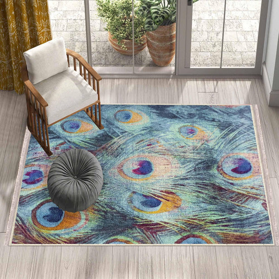 Peacock Feathers Modern Design Area Rug Runner, Accent Carpet, Unique Room Mat, Washable Anti-Slip Rug with pillow case gift