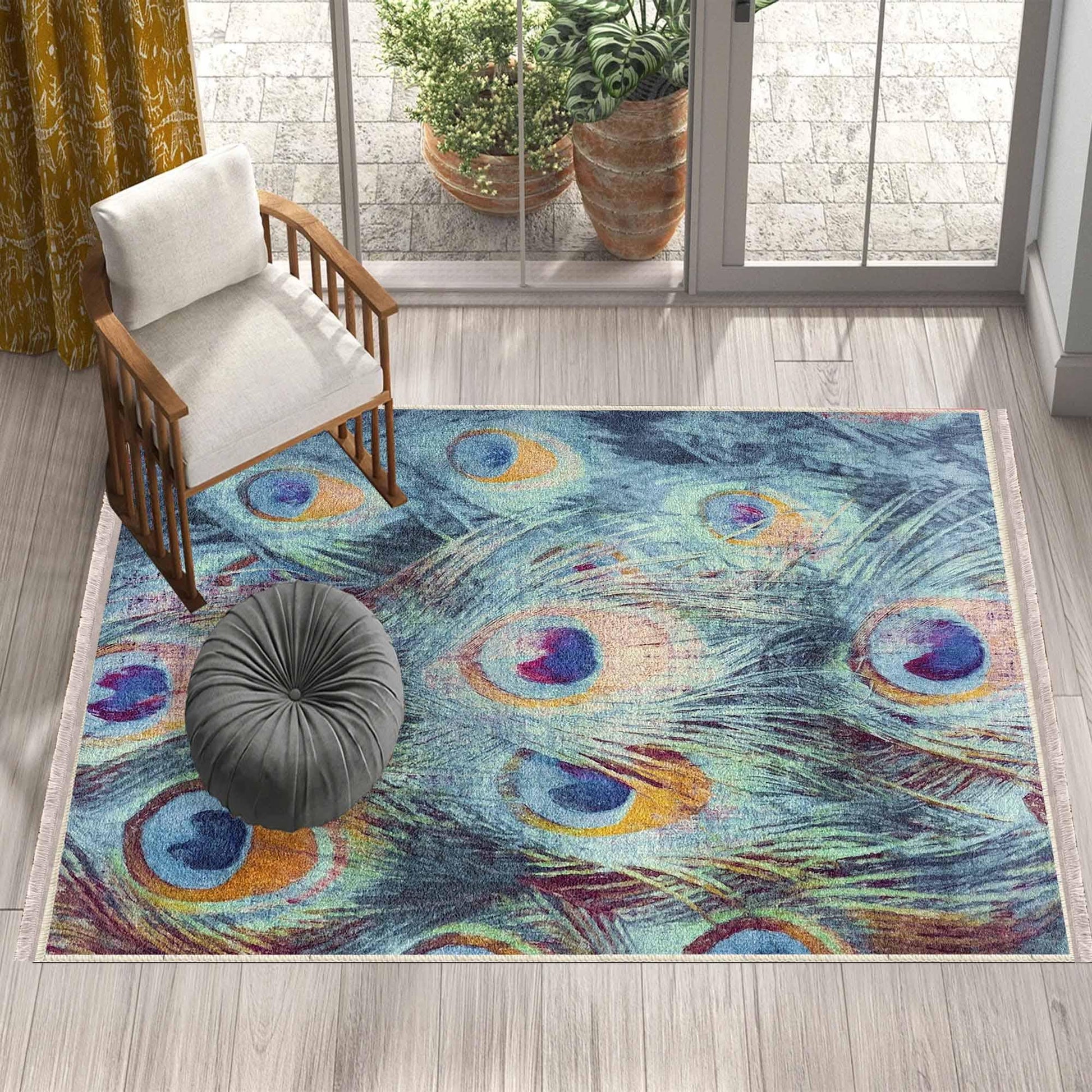 Peacock Feathers Modern Design Area Rug Runner, Accent Carpet, Unique Room Mat, Washable Anti-Slip Rug with pillow case gift