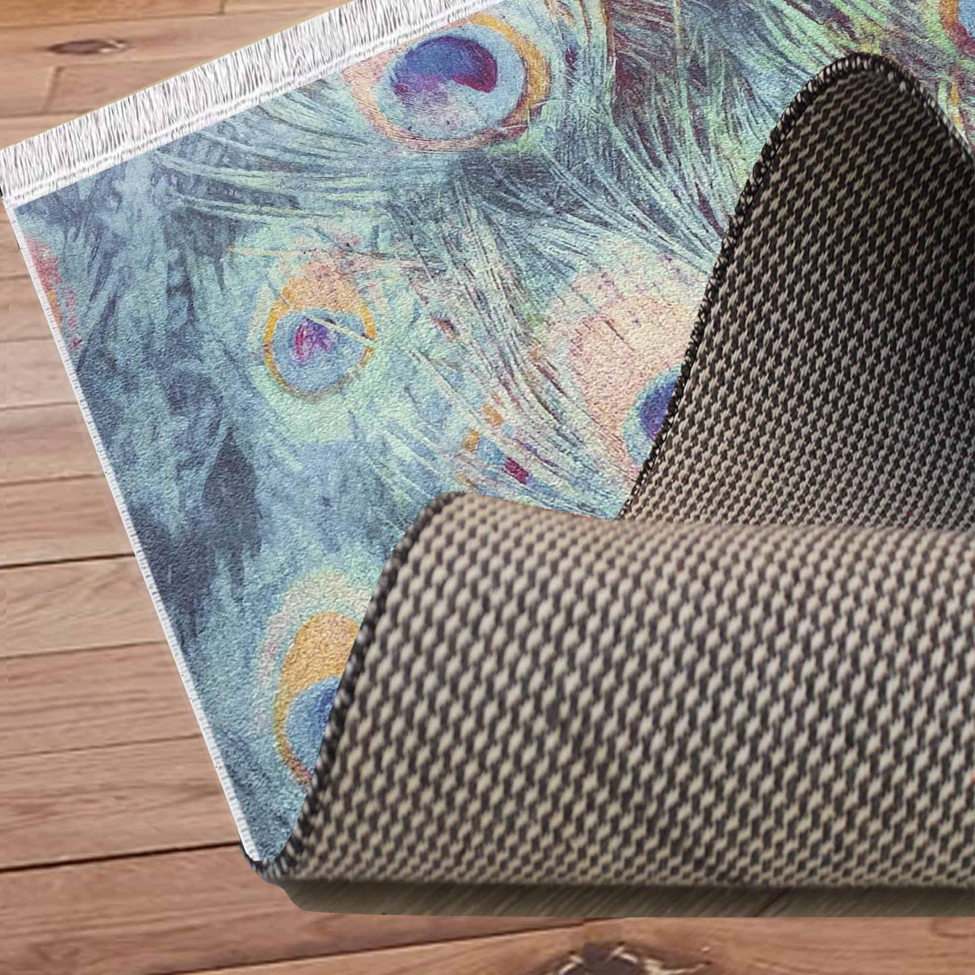 Peacock Feathers Modern Design Area Rug Runner, Accent Carpet, Unique Room Mat, Washable Anti-Slip Rug with pillow case gift