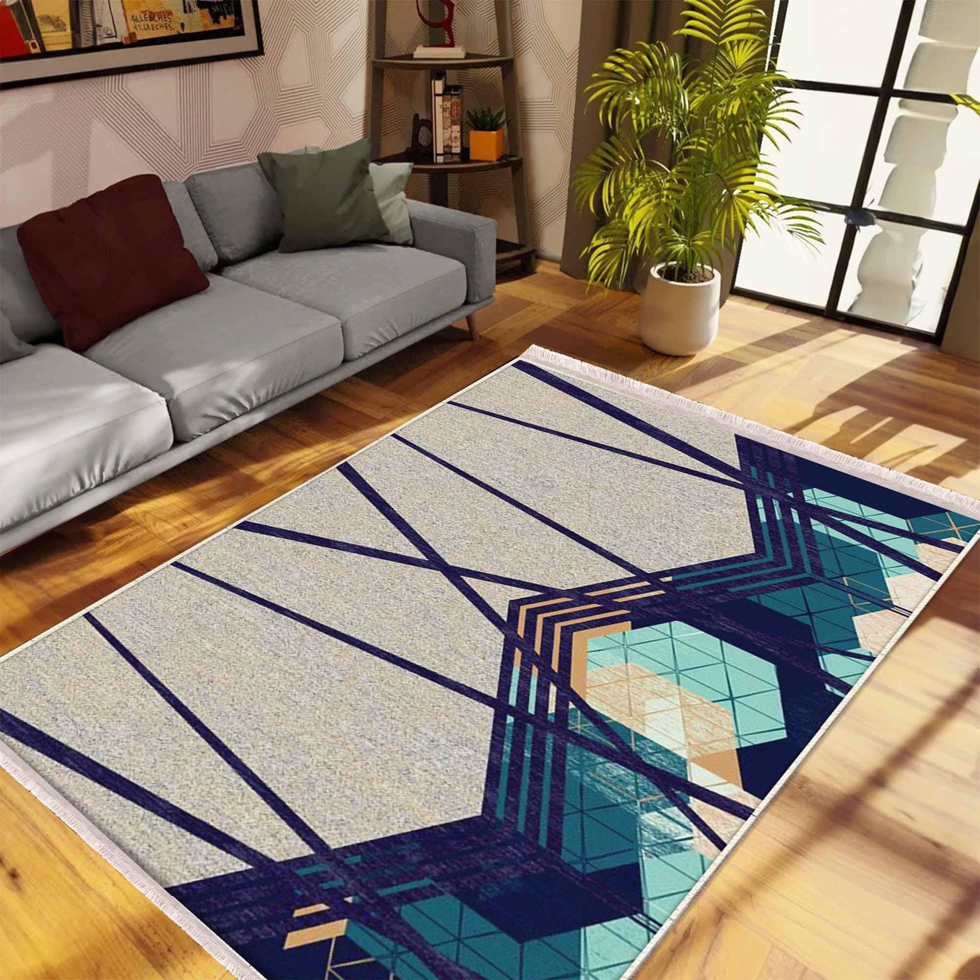 Gray Green Modern Design Area Rug Runner, Geometric Accent Carpet, Unique Room Mat, Washable Anti-Slip Rug with pillow case gift
