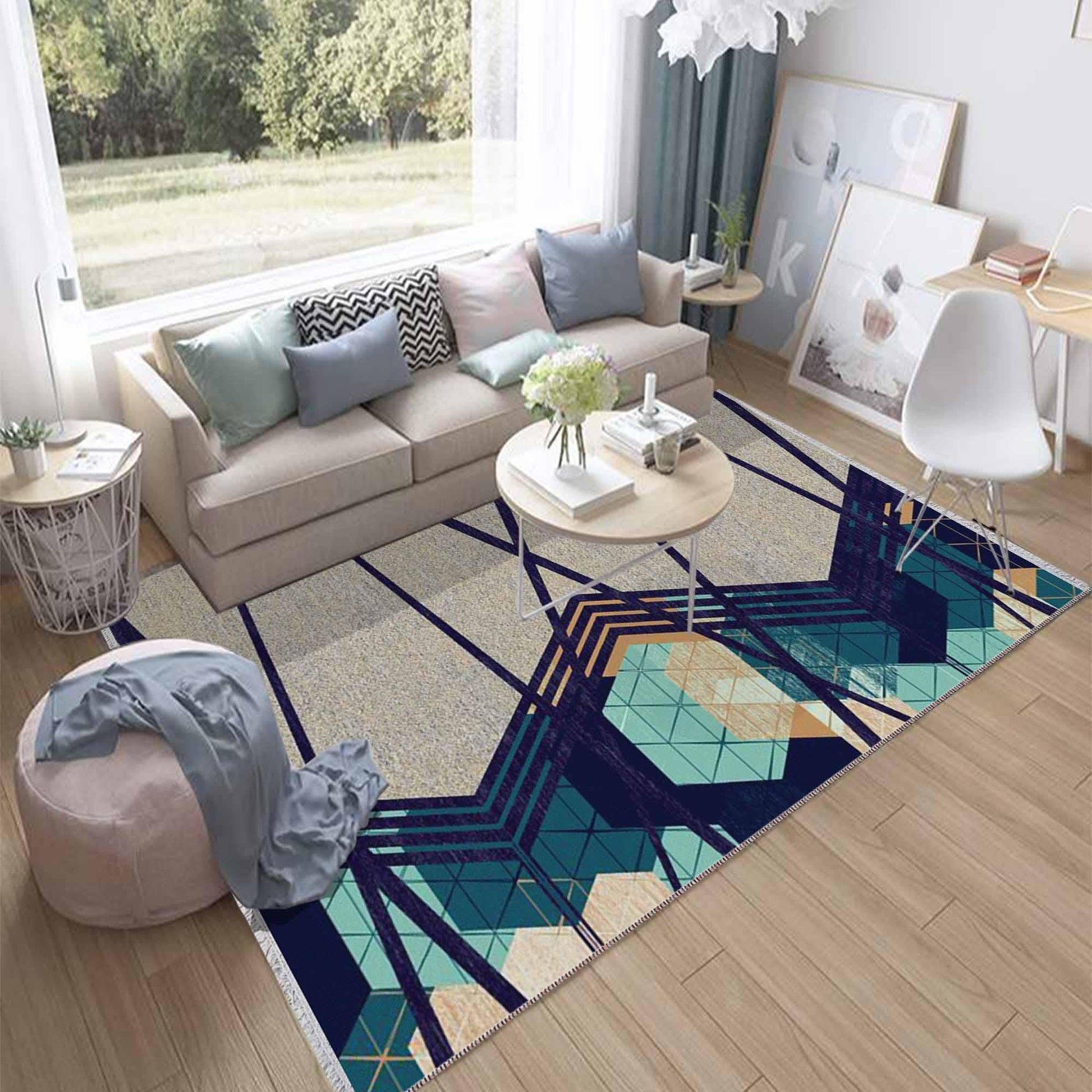 Gray Green Modern Design Area Rug Runner, Geometric Accent Carpet, Unique Room Mat, Washable Anti-Slip Rug with pillow case gift