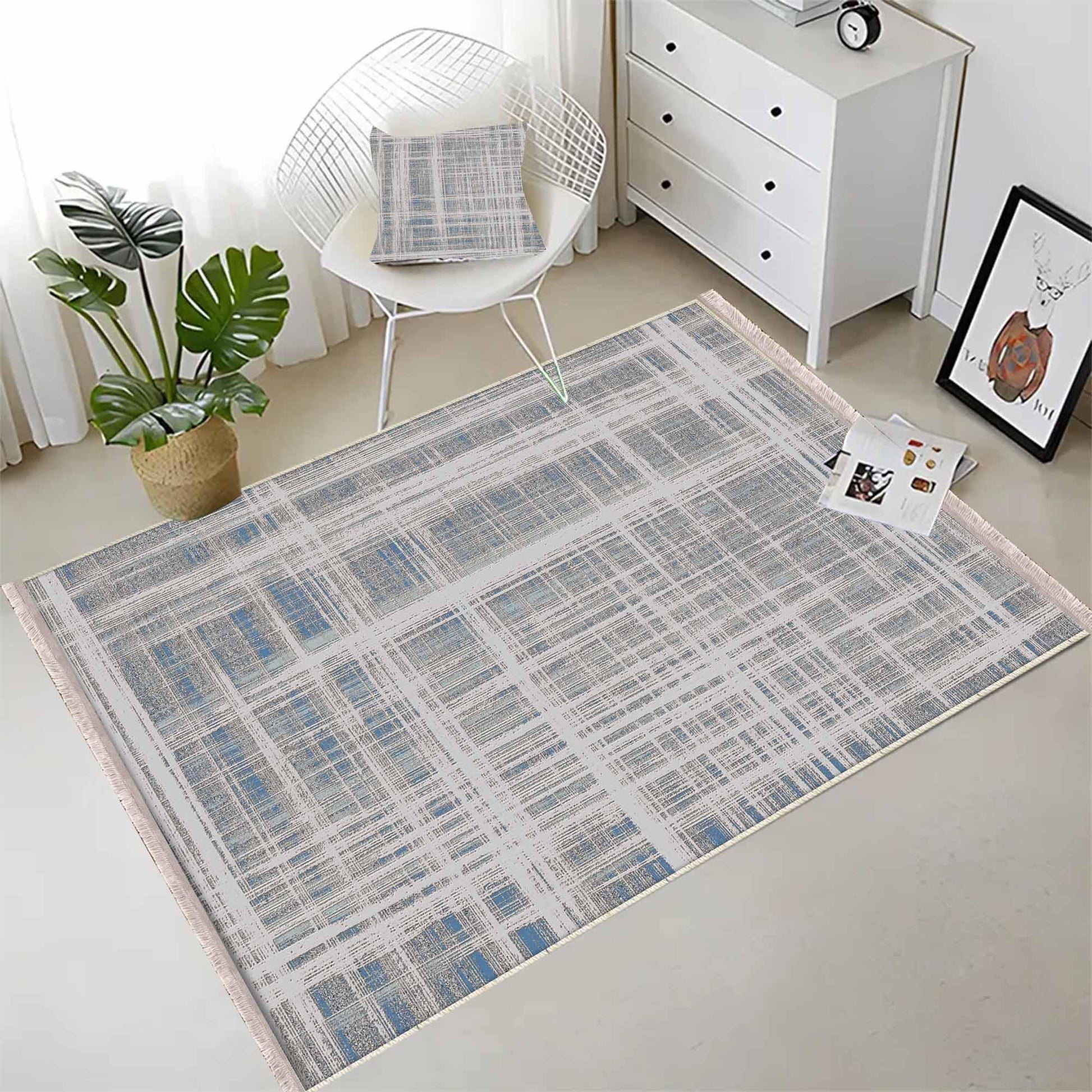 Gray White Blue Lines Modern Design Area Rug Runner, Geometric Accent Carpet, Unique Room Mat, Washable Anti-Slip Rug with pillow case gift