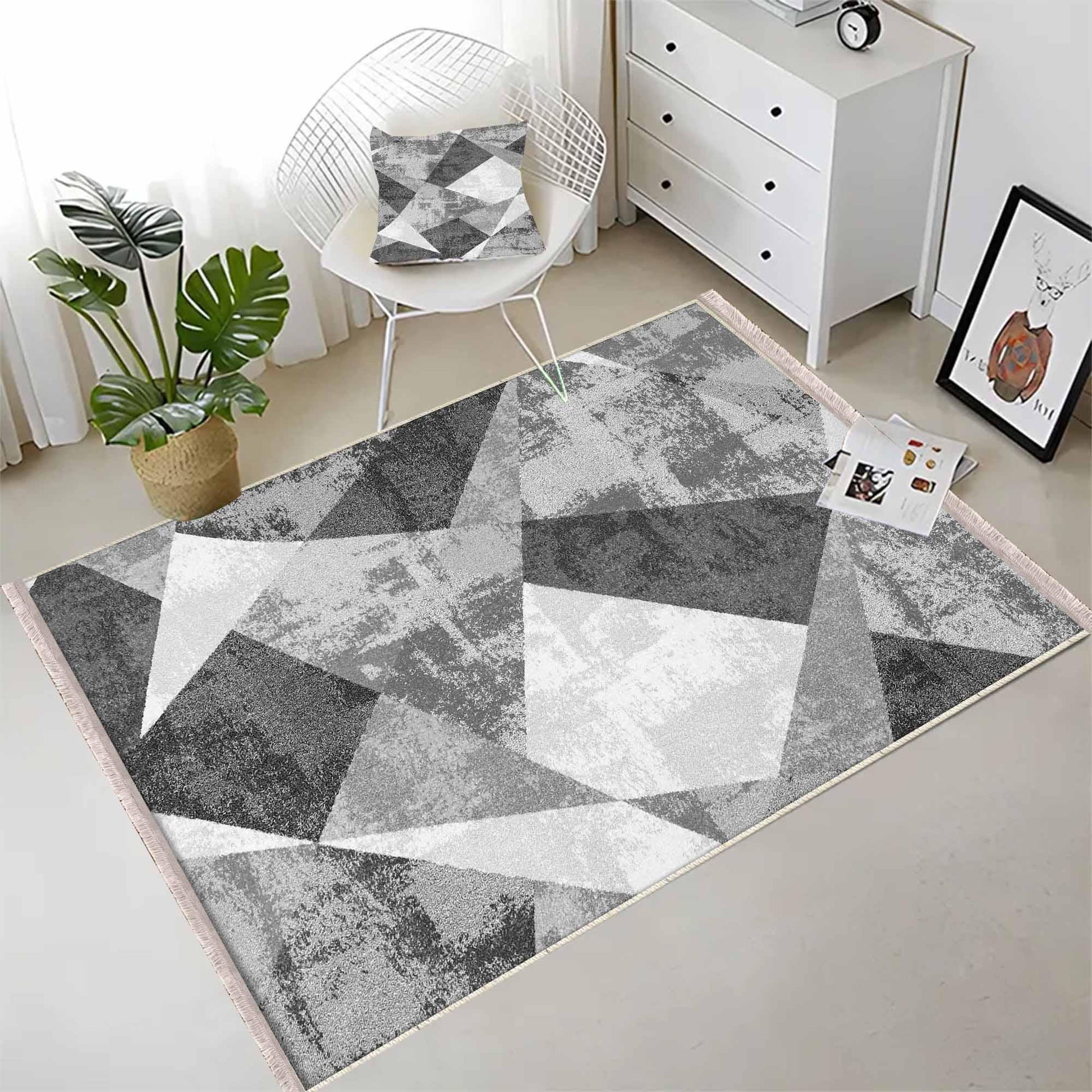 Gray White Black Modern Design Area Rug Runner, Geometric Accent Carpet, Unique Room Mat, Washable Anti-Slip Rug with pillow case gift