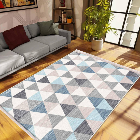 Blue Gray Triangle Geometric Design Area Rug Runner, Modern Accent Carpet, Unique Room Mat, Washable Anti-Slip Rug with pillow case gift