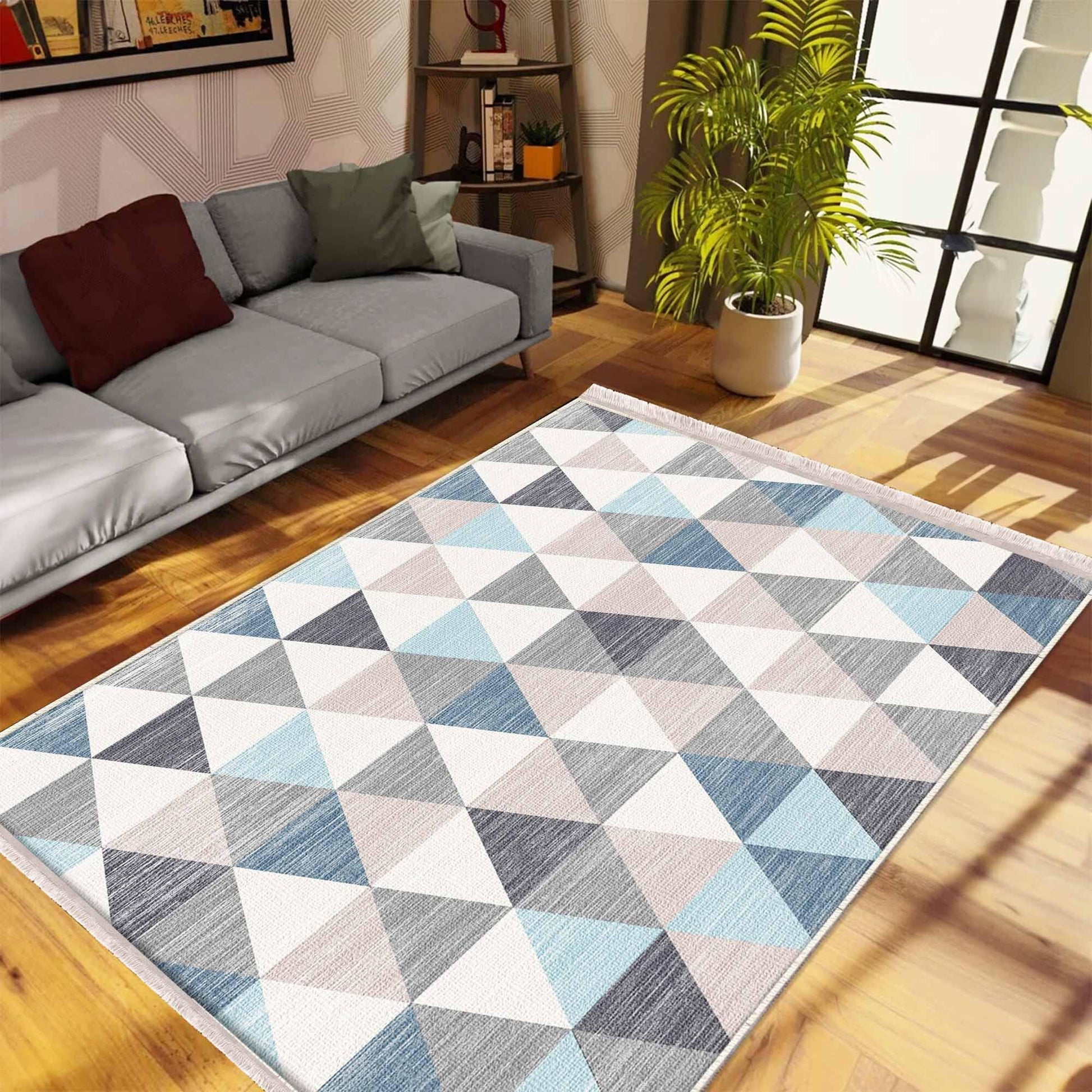 Blue Gray Triangle Geometric Design Area Rug Runner, Modern Accent Carpet, Unique Room Mat, Washable Anti-Slip Rug with pillow case gift