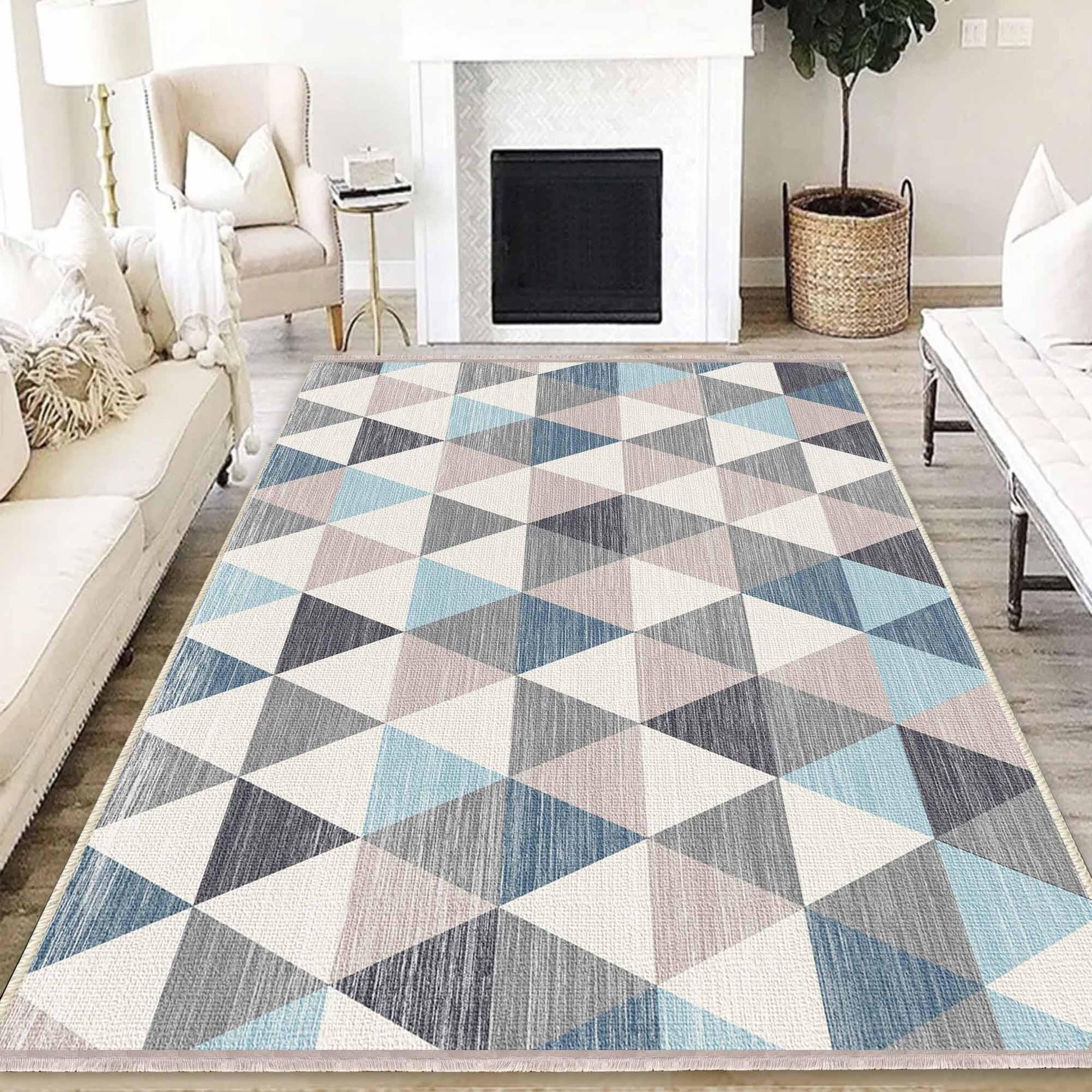 Blue Gray Triangle Geometric Design Area Rug Runner, Modern Accent Carpet, Unique Room Mat, Washable Anti-Slip Rug with pillow case gift
