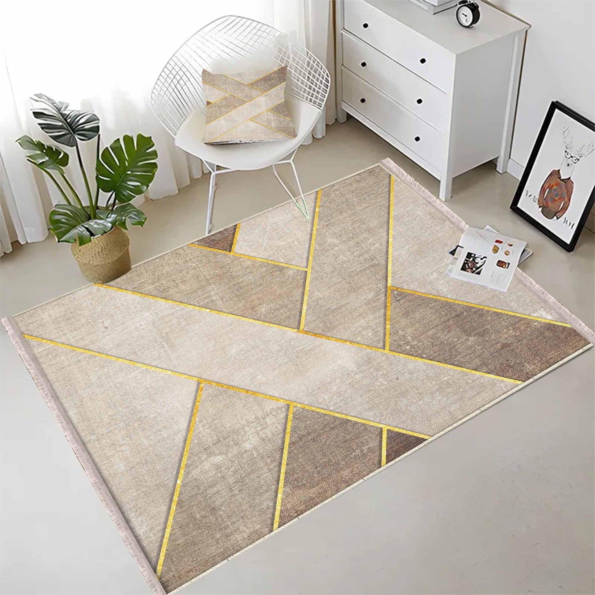 Brown Yellow Lines Geometric Design Area Rug Runner, Modern Accent Carpet, Unique Room Mat, Washable Anti-Slip Rug with pillow case gift
