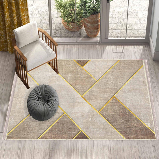 Brown Yellow Lines Geometric Design Area Rug Runner, Modern Accent Carpet, Unique Room Mat, Washable Anti-Slip Rug with pillow case gift