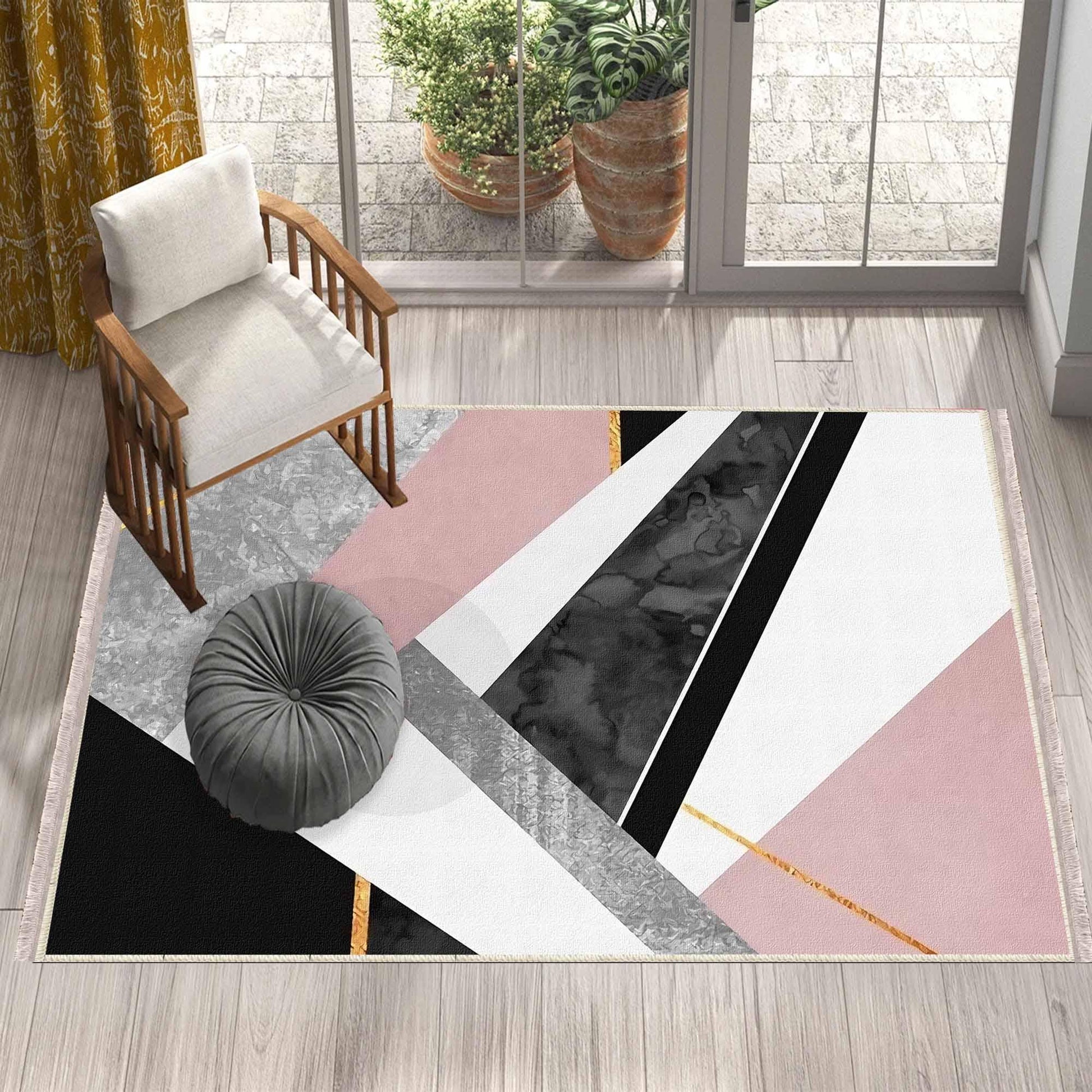 Pink Black Gray Geometric Design Area Rug Runner, Modern Accent Carpet, Unique Room Mat, Washable Anti-Slip Rug with pillow case gift