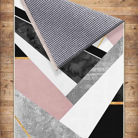 Pink Black Gray Geometric Design Area Rug Runner, Modern Accent Carpet, Unique Room Mat, Washable Anti-Slip Rug with pillow case gift