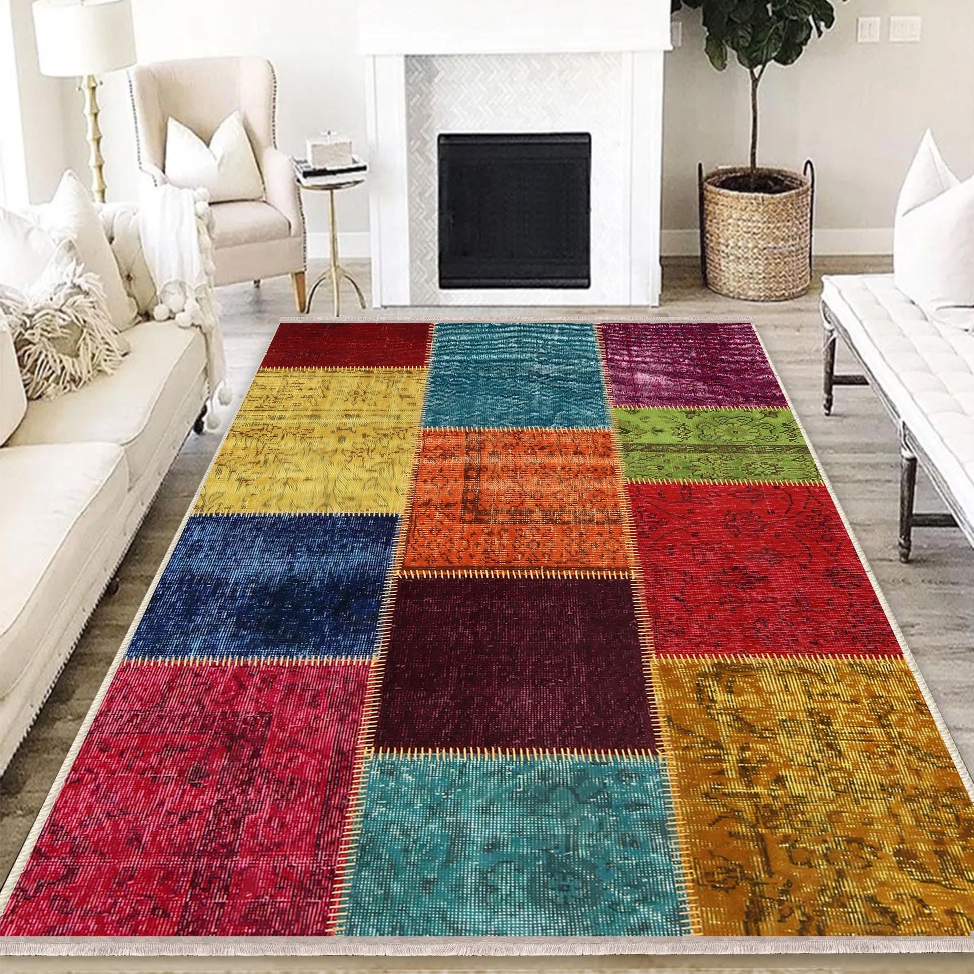Colorful Patchwork Design Kilim Area Rug Runner, Boho Accent Carpet, Unique Room Mat, Washable Anti-Slip Rug with pillow case gift
