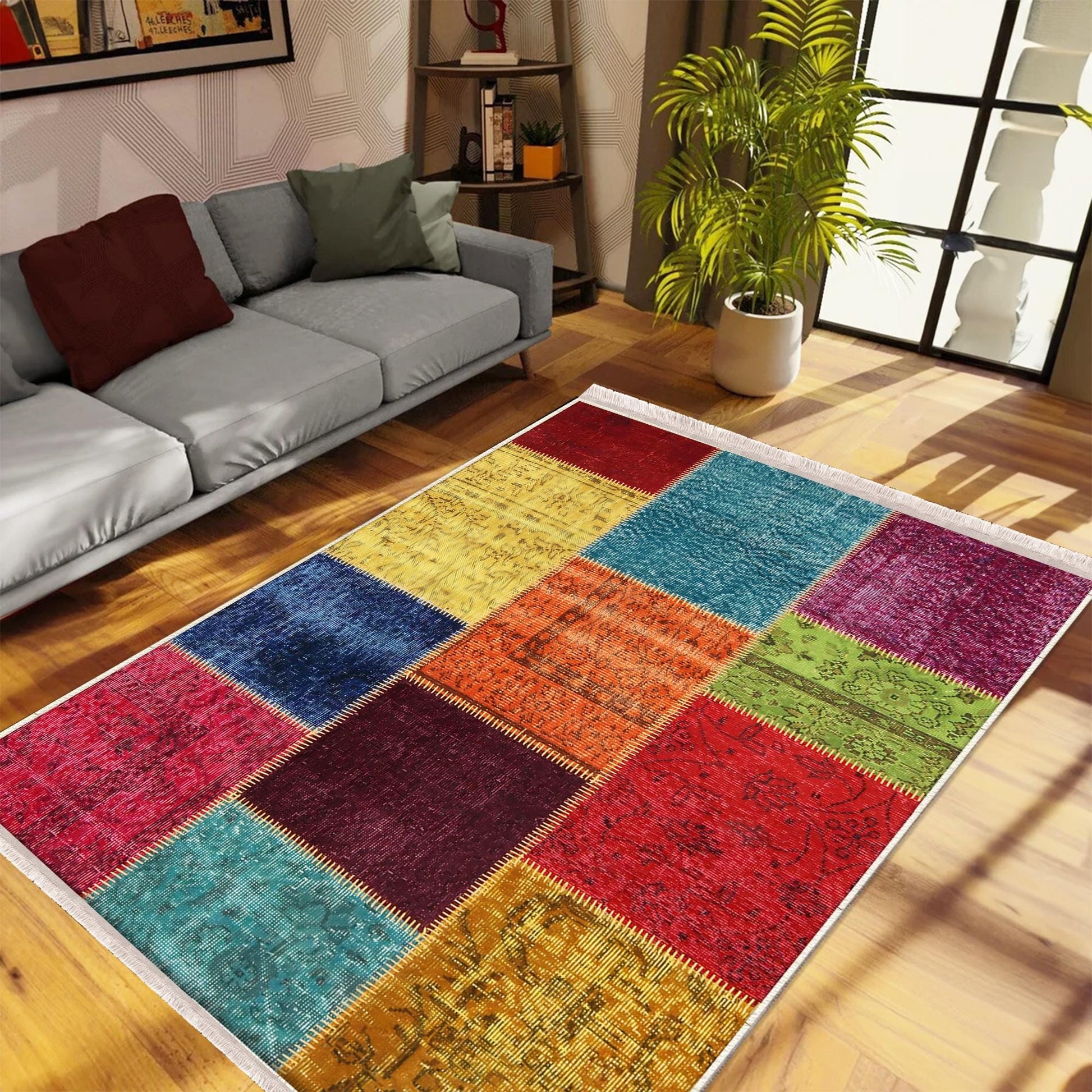 Colorful Patchwork Design Kilim Area Rug Runner, Boho Accent Carpet, Unique Room Mat, Washable Anti-Slip Rug with pillow case gift