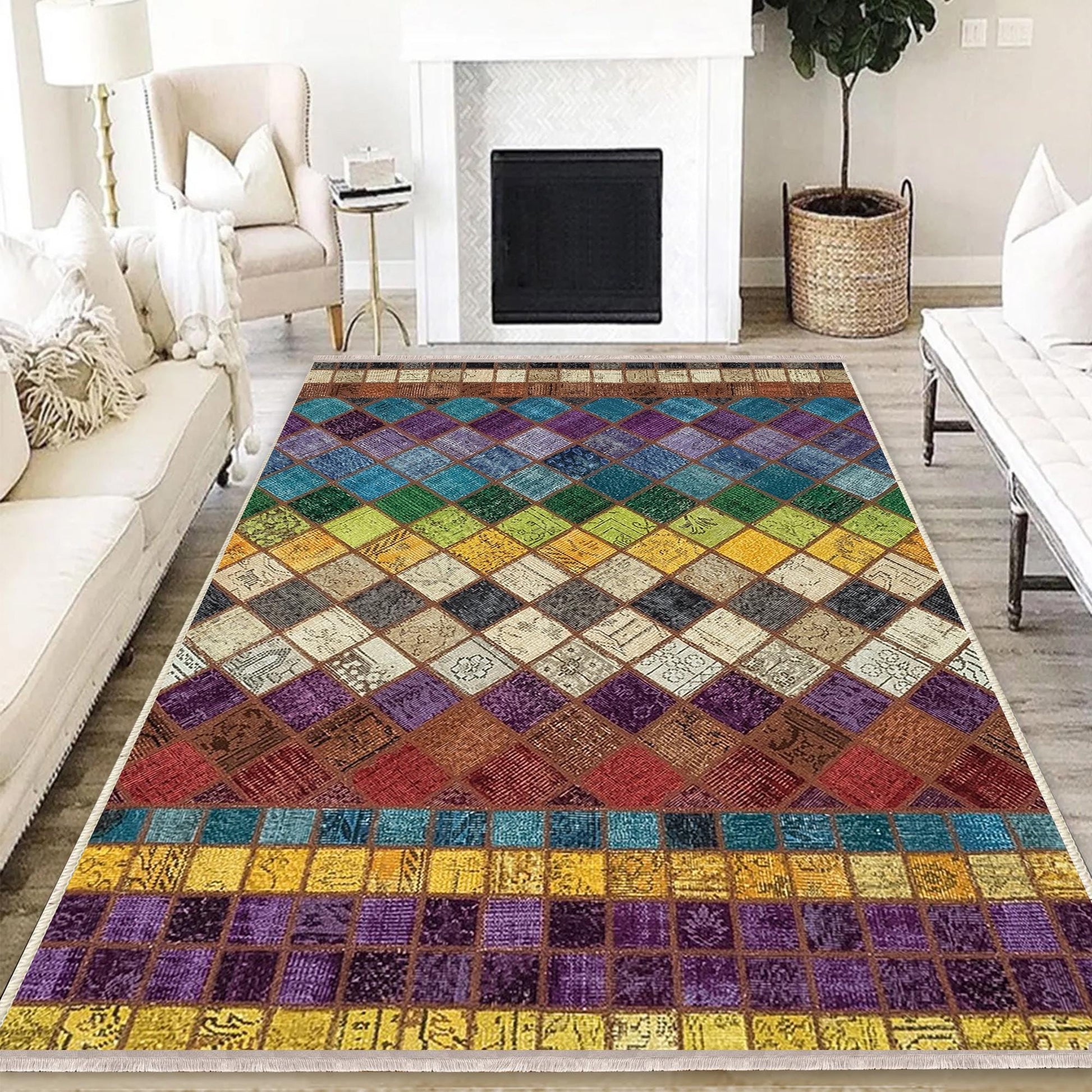 Colorful Retro Patchwork Design Kilim Area Rug Runner, Boho Accent Carpet, Unique Room Mat, Washable Anti-Slip Rug with pillow case gift