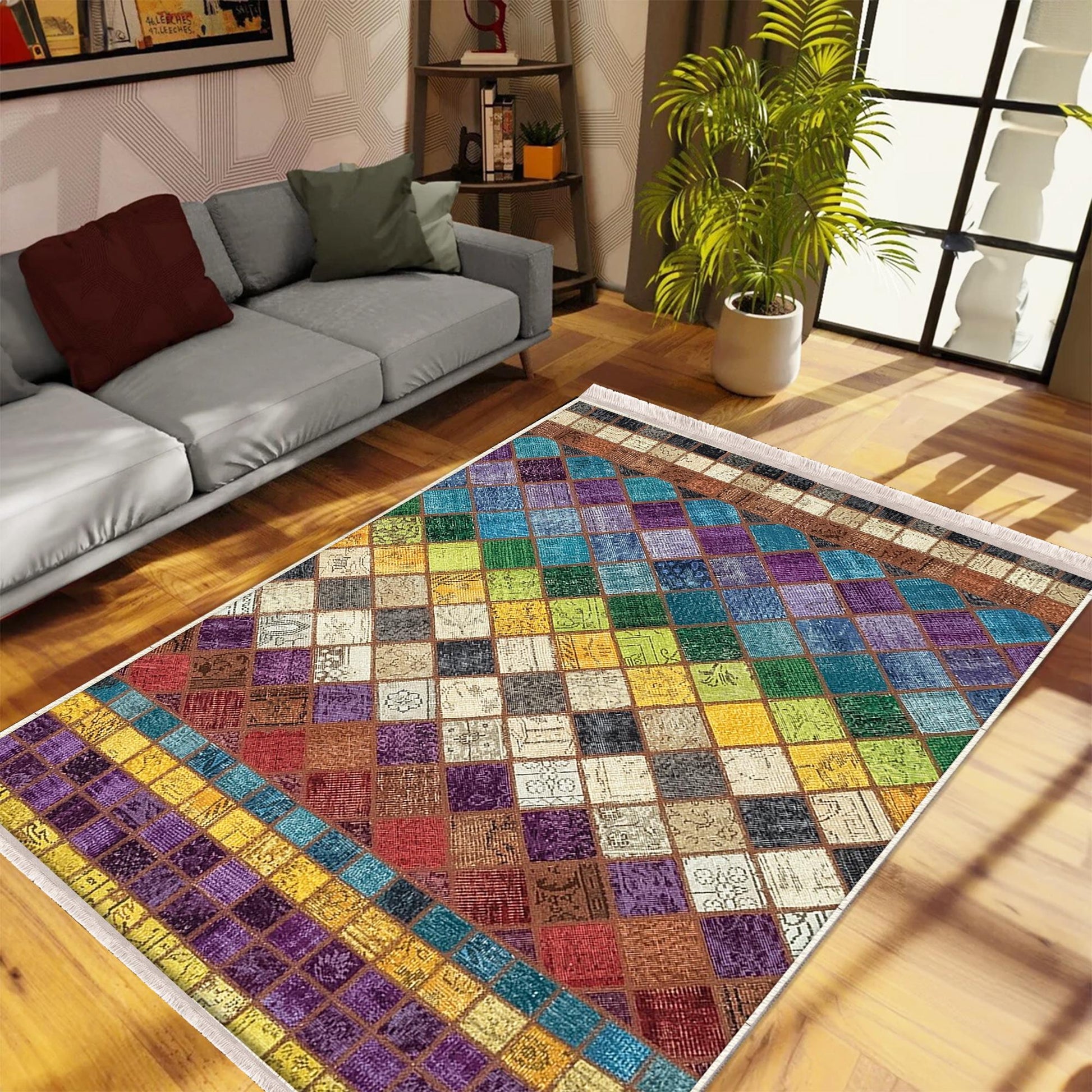 Colorful Retro Patchwork Design Kilim Area Rug Runner, Boho Accent Carpet, Unique Room Mat, Washable Anti-Slip Rug with pillow case gift