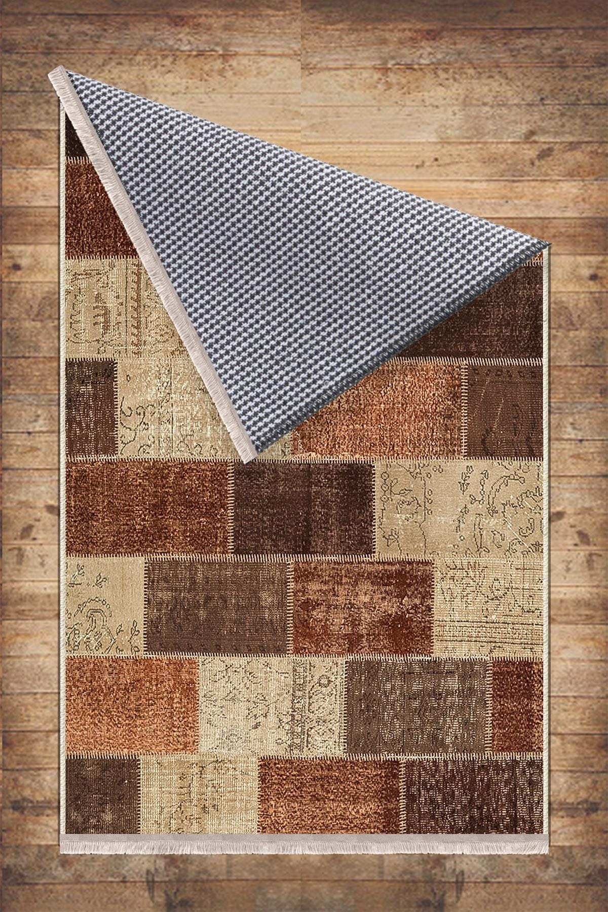 Brown Retro Kilim Area Rug Runner, Boho Patchwork Accent Carpet, Washable Anti-Slip Hallway Mat with Free Pillow Case Gift