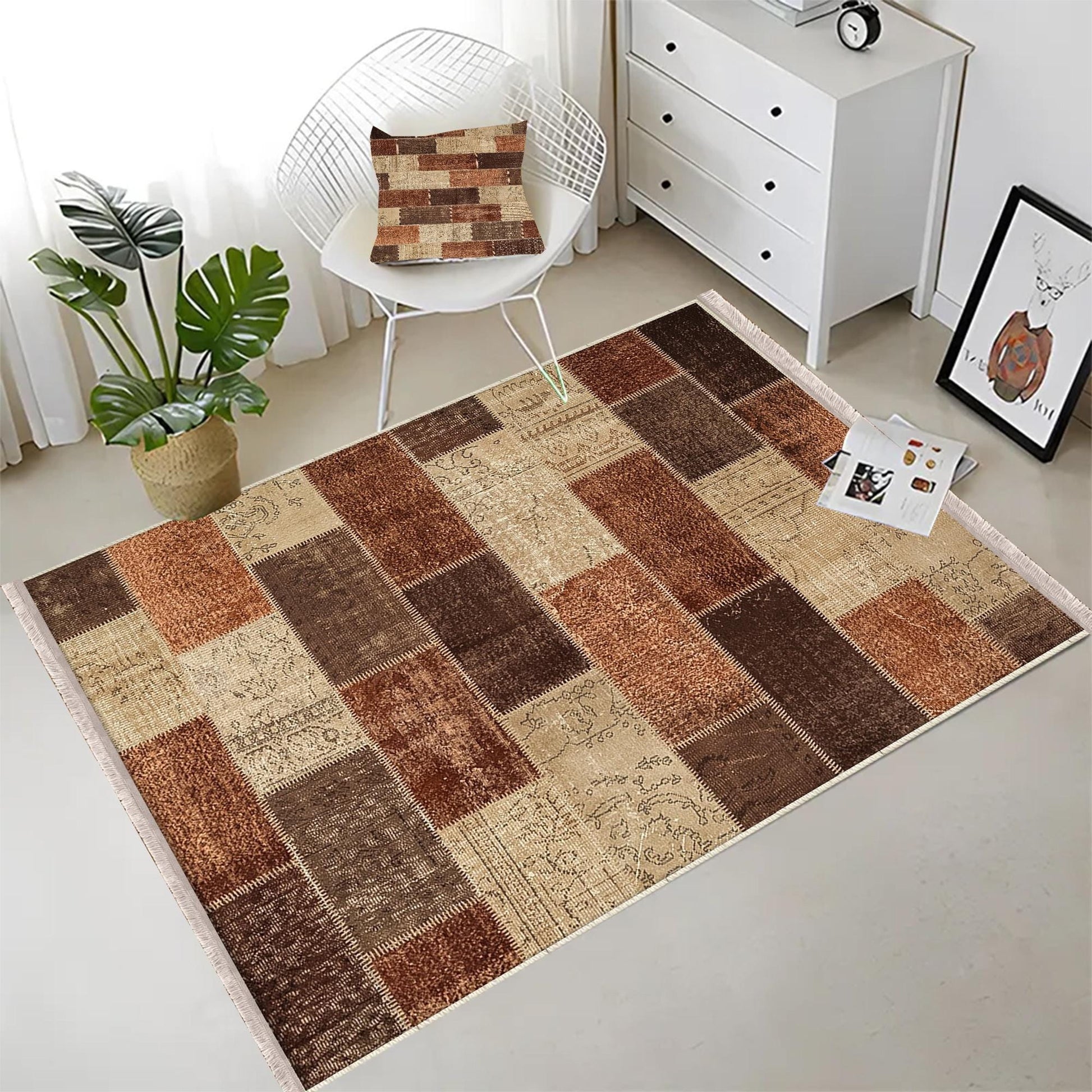 Brown Retro Kilim Area Rug Runner, Boho Patchwork Accent Carpet, Washable Anti-Slip Hallway Mat with Free Pillow Case Gift
