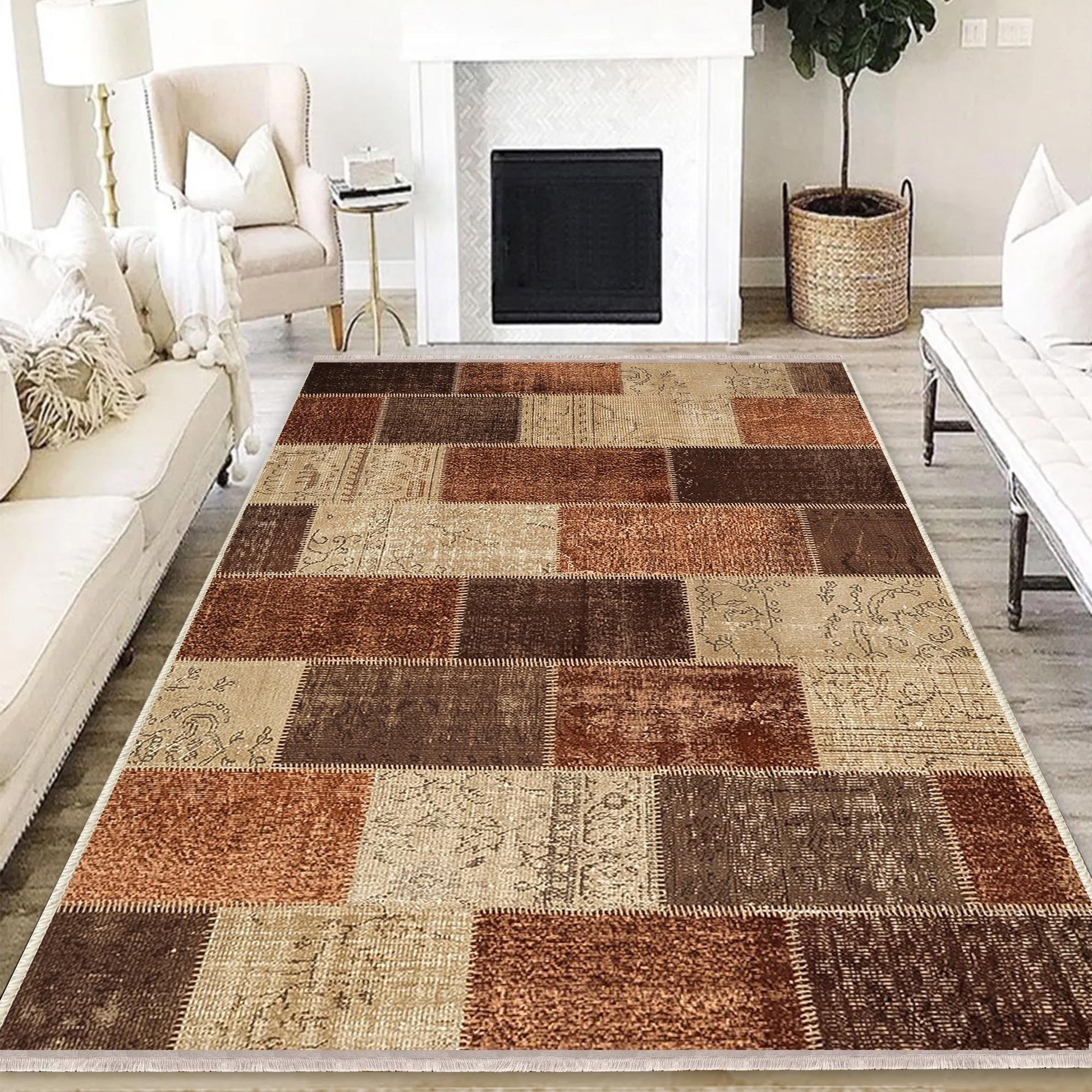 Brown Retro Kilim Area Rug Runner, Boho Patchwork Accent Carpet, Washable Anti-Slip Hallway Mat with Free Pillow Case Gift
