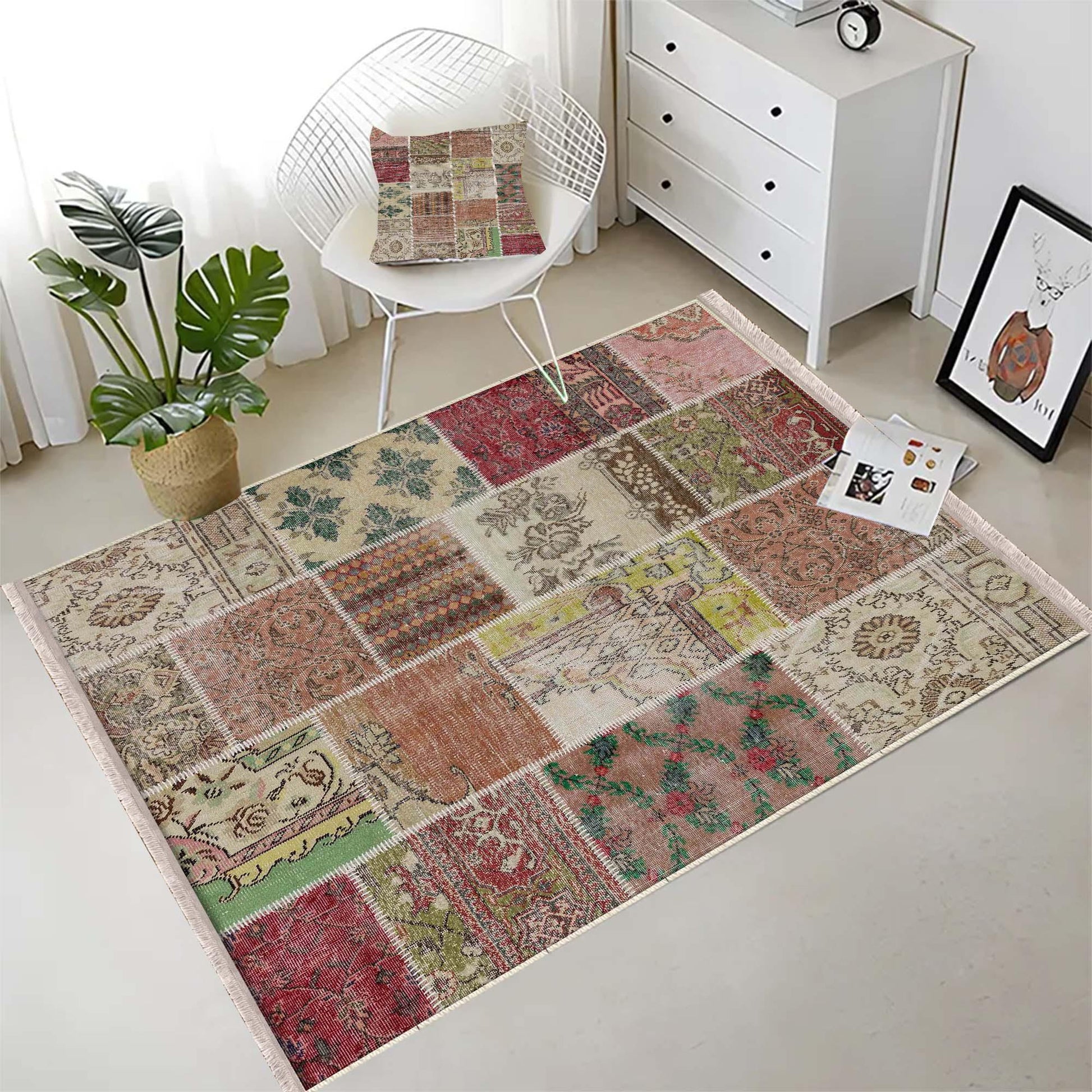 Vintage Retro Patchwork Design Kilim Area Rug Runner, Boho Accent Carpet, Unique Room Mat, Washable Anti-Slip Rug with pillow case gift