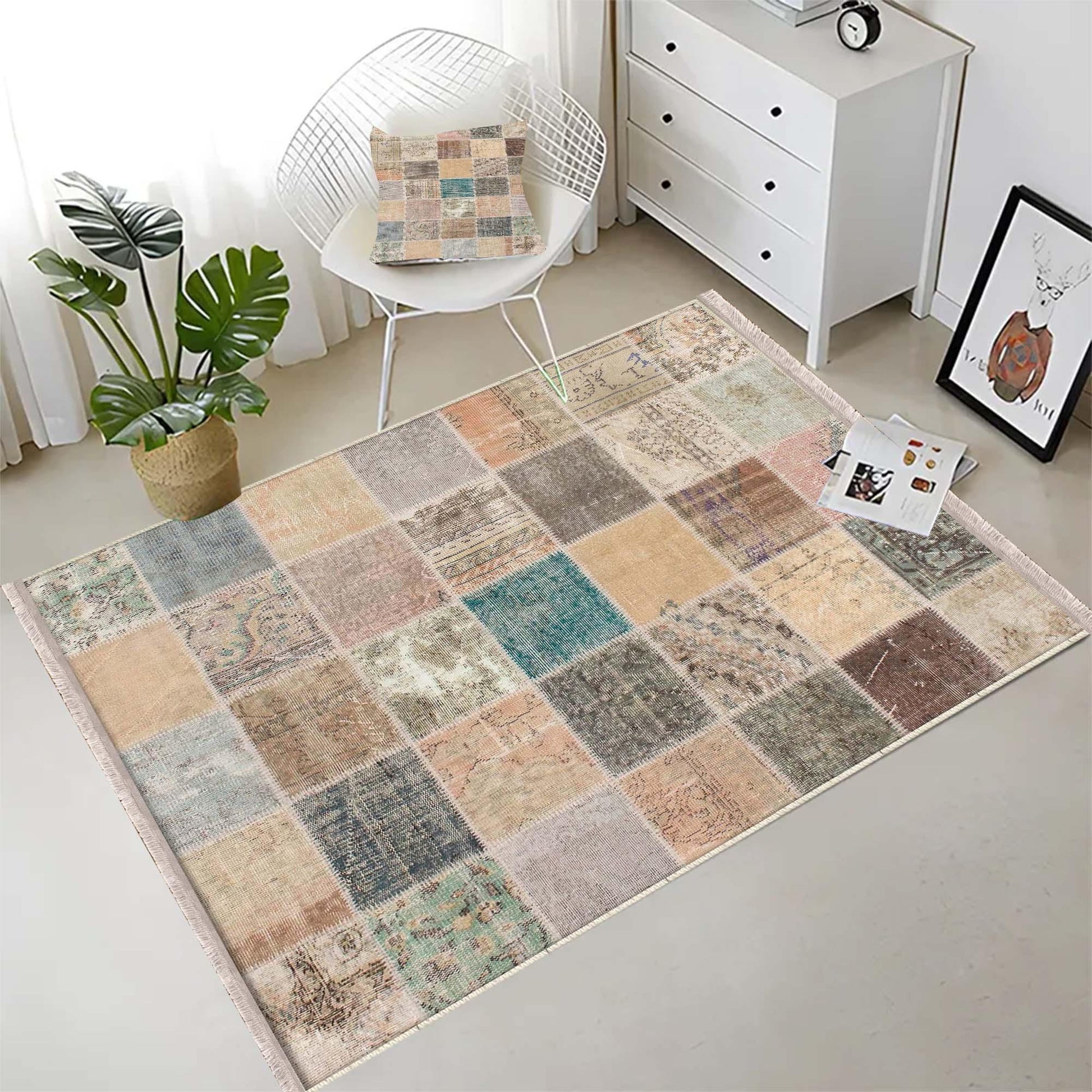 Traditional Retro Patchwork Design Kilim Area Rug Runner, Boho Accent Carpet, Unique Room Mat, Washable Anti-Slip Rug with pillow case gift