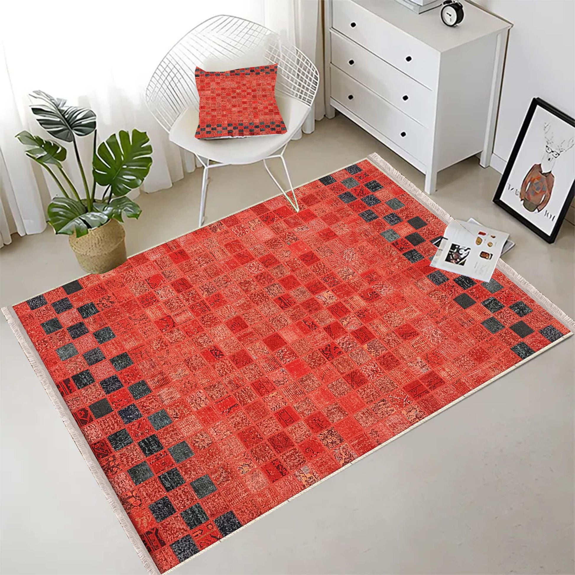 Orange Retro Patchwork Design Kilim Area Rug Runner, Boho Accent Carpet, Unique Room Mat, Washable Anti-Slip Rug with pillow case gift