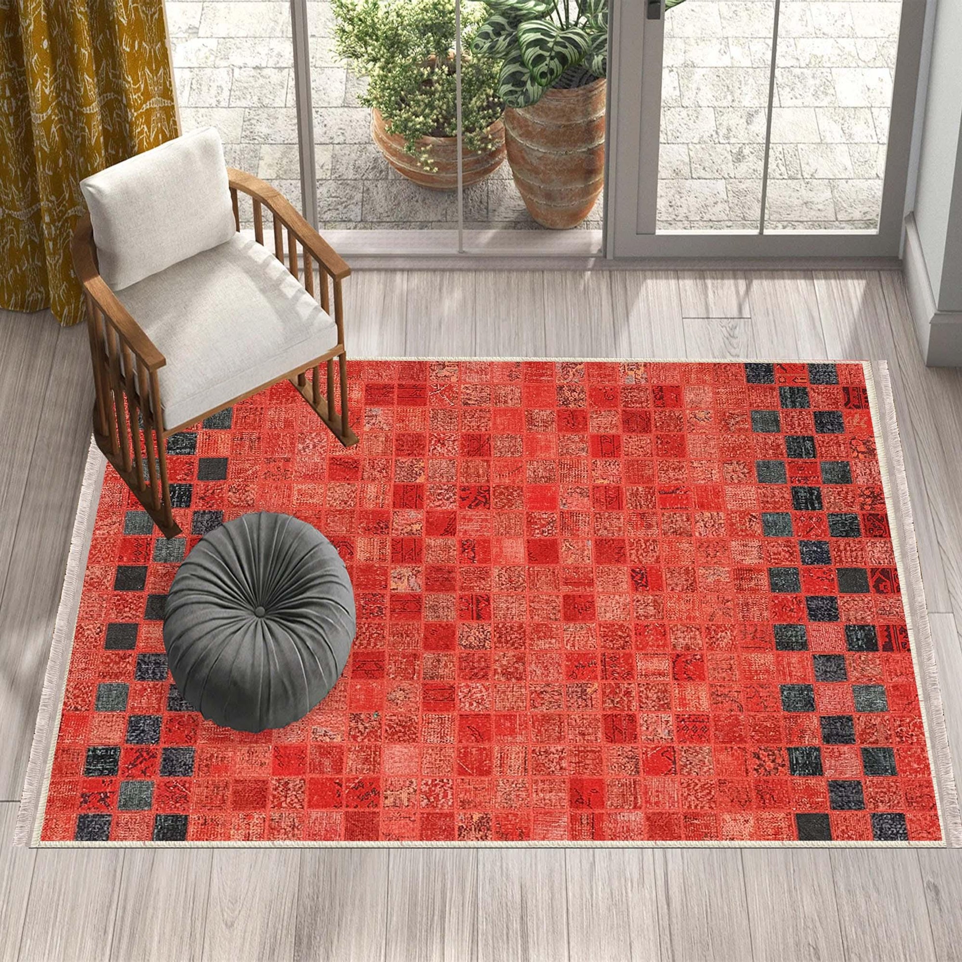 Orange Retro Patchwork Design Kilim Area Rug Runner, Boho Accent Carpet, Unique Room Mat, Washable Anti-Slip Rug with pillow case gift
