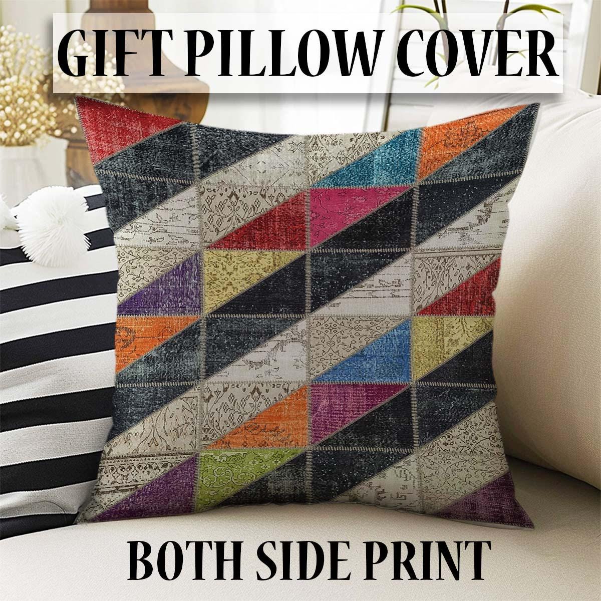 Colorful Geometric Patchwork Design Kilim Area Rug Runner, Boho Accent Carpet, Unique Room Mat, Washable Anti-Slip Rug with pillow case gift