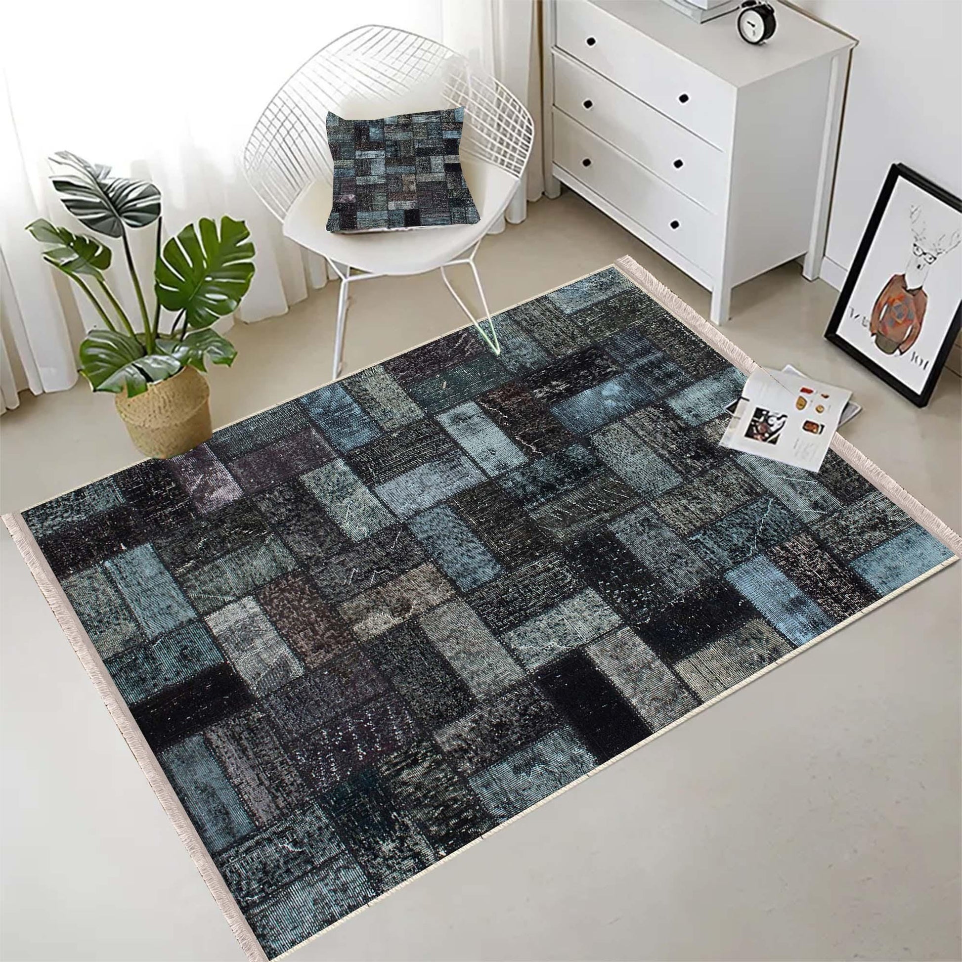 Dark Black Blue Patchwork Design Kilim Area Rug Runner, Boho Accent Carpet, Unique Room Mat, Washable Anti-Slip Rug with pillow case gift