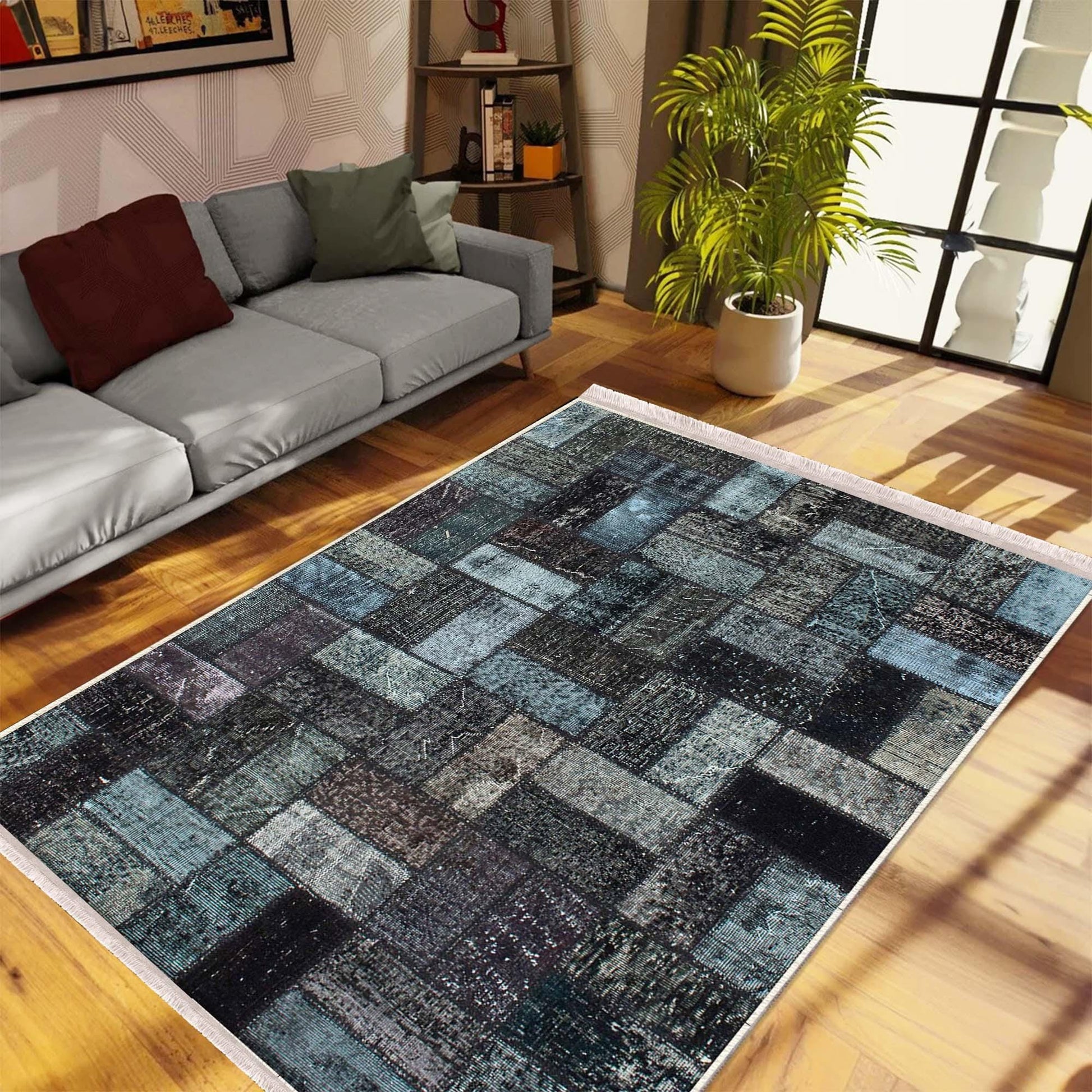 Dark Black Blue Patchwork Design Kilim Area Rug Runner, Boho Accent Carpet, Unique Room Mat, Washable Anti-Slip Rug with pillow case gift