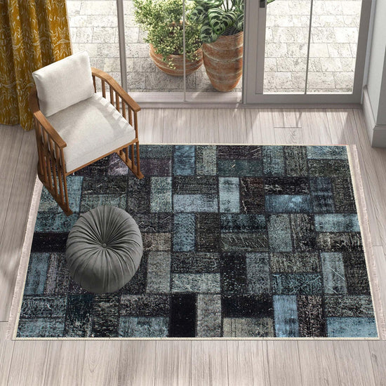 Dark Black Blue Patchwork Design Kilim Area Rug Runner, Boho Accent Carpet, Unique Room Mat, Washable Anti-Slip Rug with pillow case gift