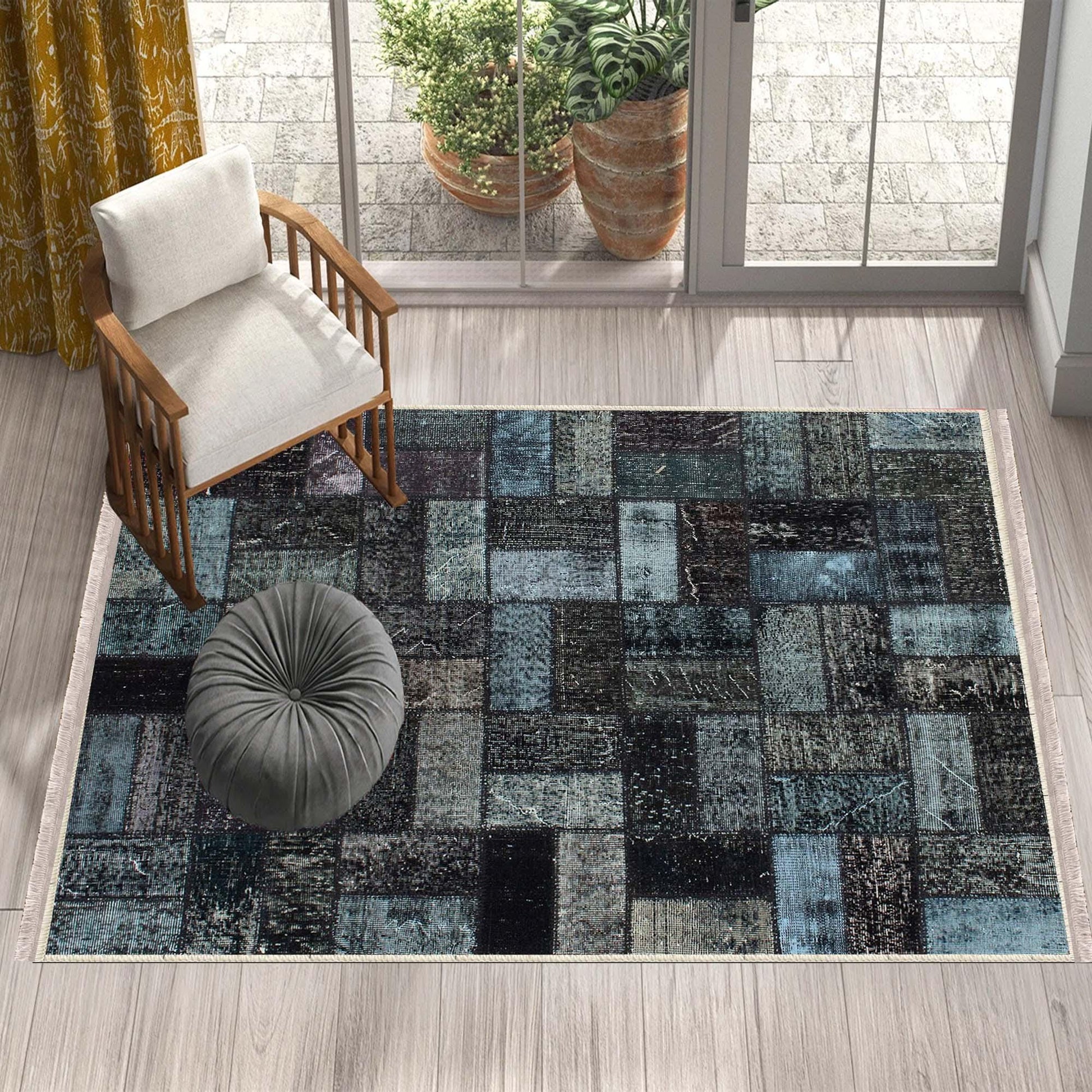 Dark Black Blue Patchwork Design Kilim Area Rug Runner, Boho Accent Carpet, Unique Room Mat, Washable Anti-Slip Rug with pillow case gift