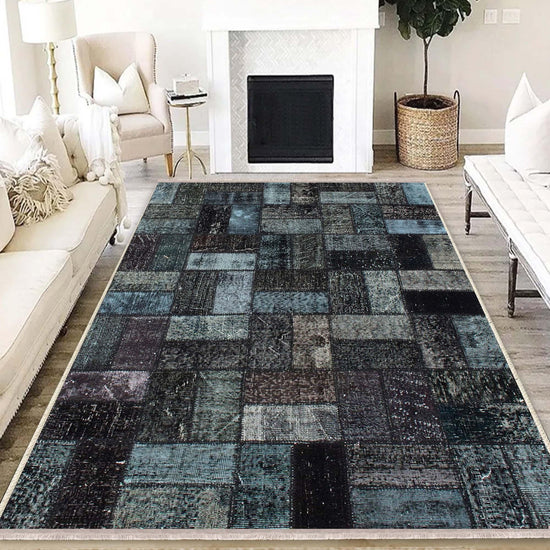 Dark Black Blue Patchwork Design Kilim Area Rug Runner, Boho Accent Carpet, Unique Room Mat, Washable Anti-Slip Rug with pillow case gift