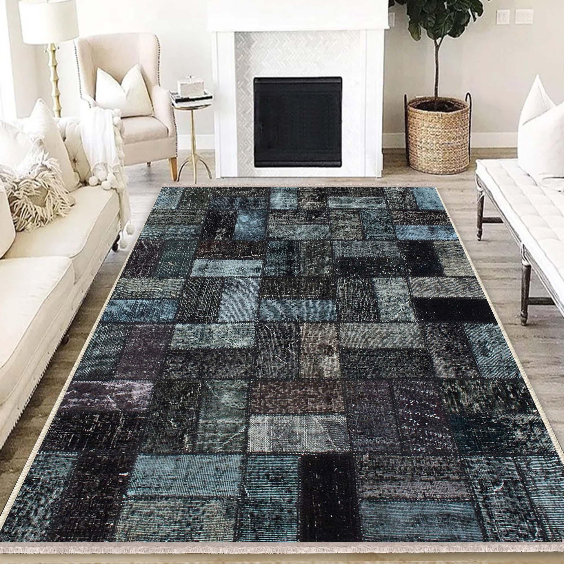 Dark Black Blue Patchwork Design Kilim Area Rug Runner, Boho Accent Carpet, Unique Room Mat, Washable Anti-Slip Rug with pillow case gift