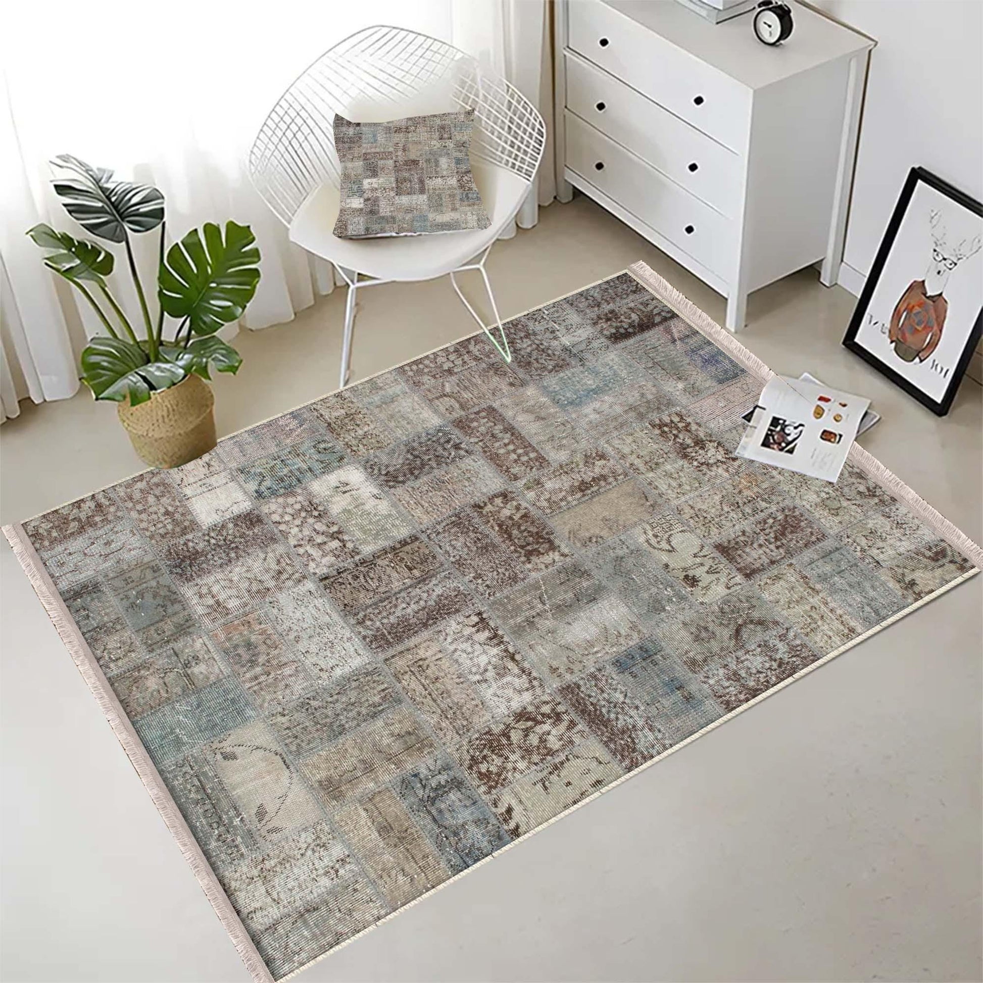 Brown Gray Retro Patchwork Design Kilim Area Rug Runner, Boho Accent Carpet, Unique Room Mat, Washable Anti-Slip Rug with pillow case gift