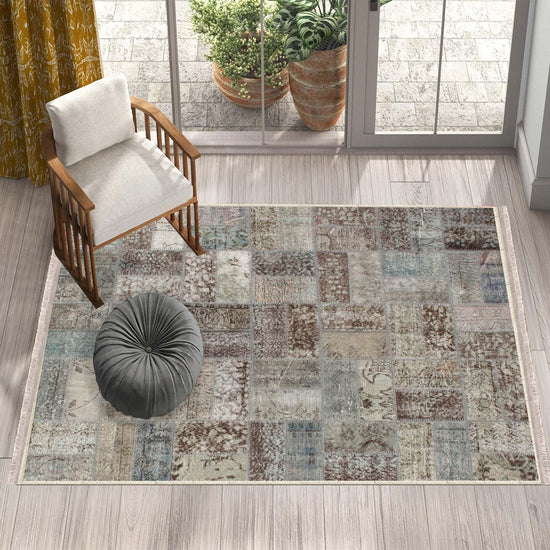 Brown Gray Retro Patchwork Design Kilim Area Rug Runner, Boho Accent Carpet, Unique Room Mat, Washable Anti-Slip Rug with pillow case gift