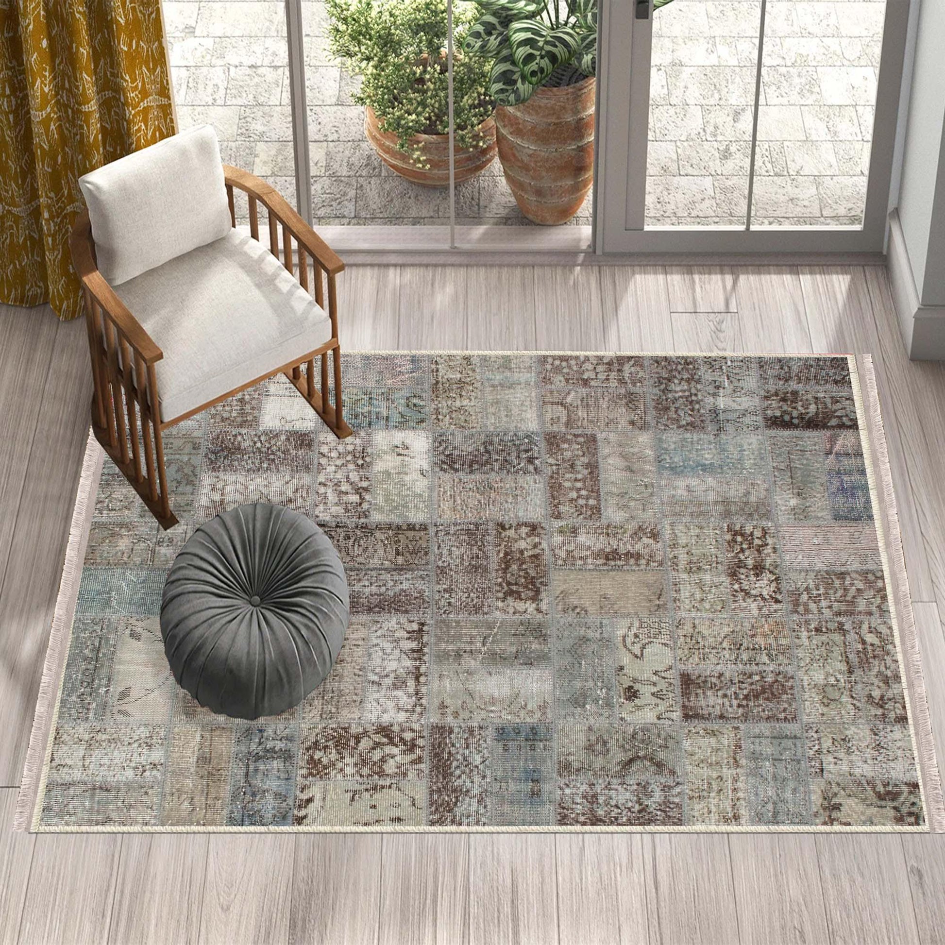 Brown Gray Retro Patchwork Design Kilim Area Rug Runner, Boho Accent Carpet, Unique Room Mat, Washable Anti-Slip Rug with pillow case gift