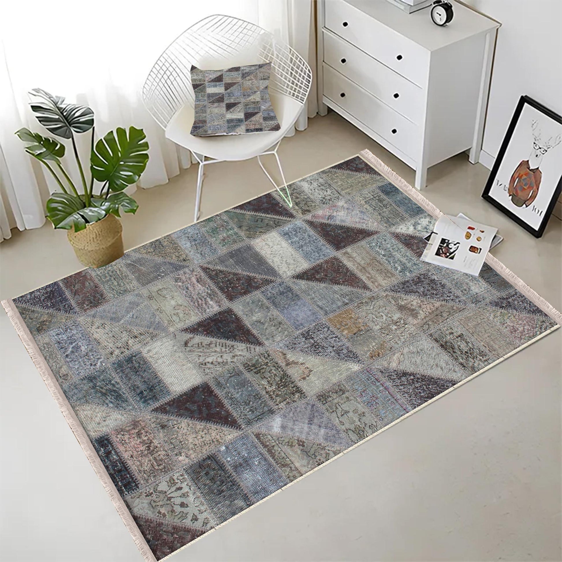 Gray Geometric Patchwork Design Kilim Area Rug Runner, Boho Accent Carpet, Unique Room Mat, Washable Anti-Slip Rug with pillow case gift