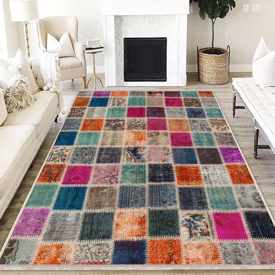Colorful Ethnic Patchwork Design Kilim Area Rug Runner, Boho Accent Carpet, Unique Room Mat, Washable Anti-Slip Rug with pillow case gift