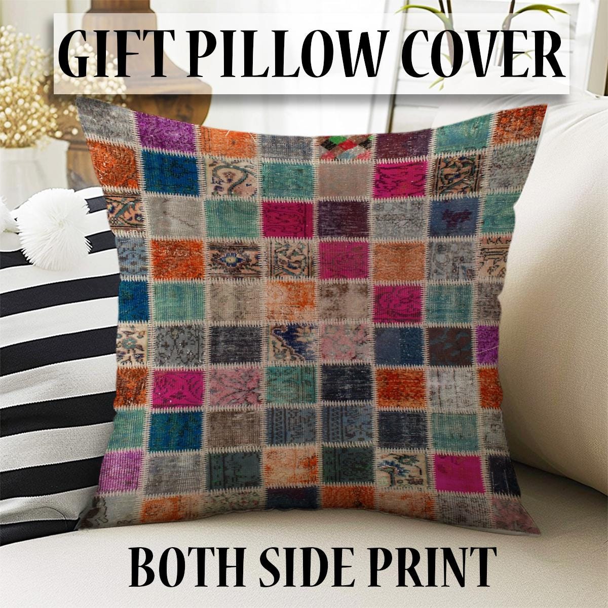 Colorful Ethnic Patchwork Design Kilim Area Rug Runner, Boho Accent Carpet, Unique Room Mat, Washable Anti-Slip Rug with pillow case gift